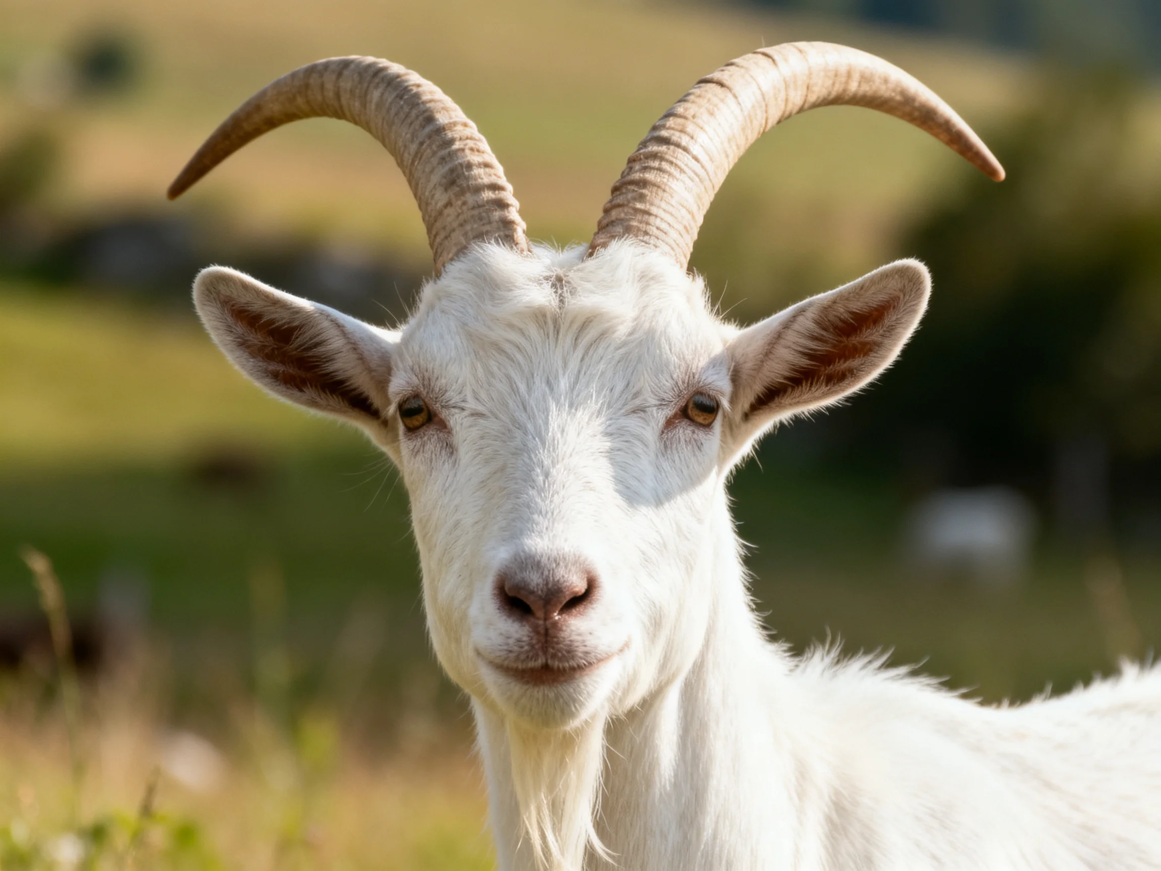 A white goat with large curved horns in a sunlit pasture