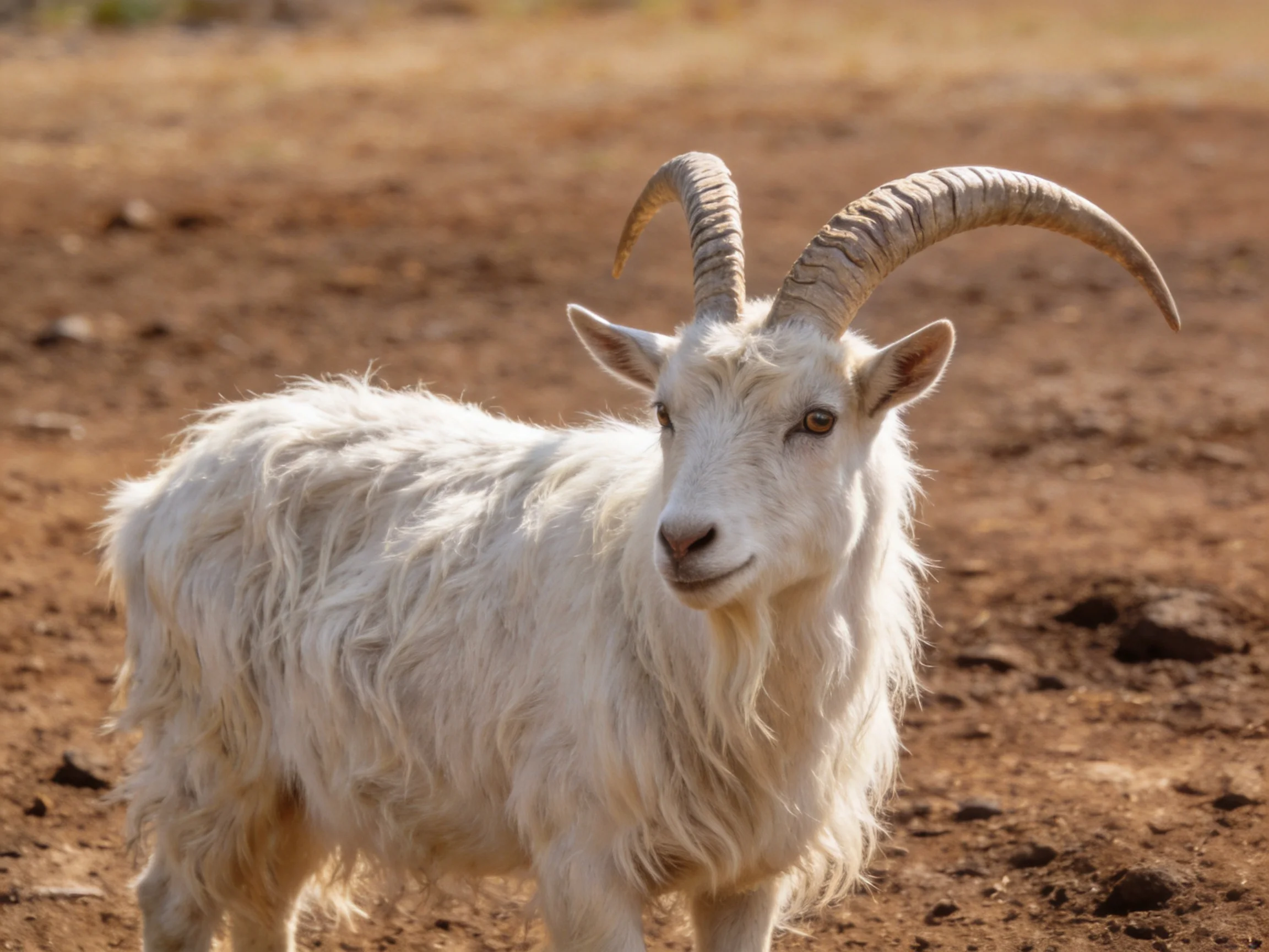 A white goat with large curved horns stands on reddish-brown dirt