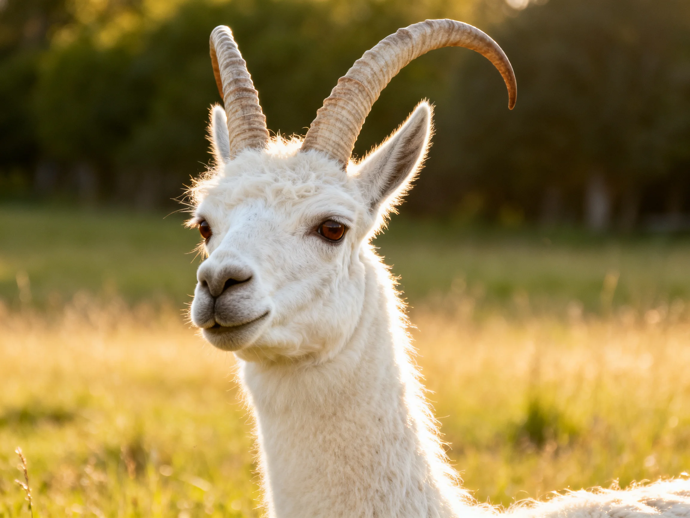 A white horned animal in a sunlit grassy field