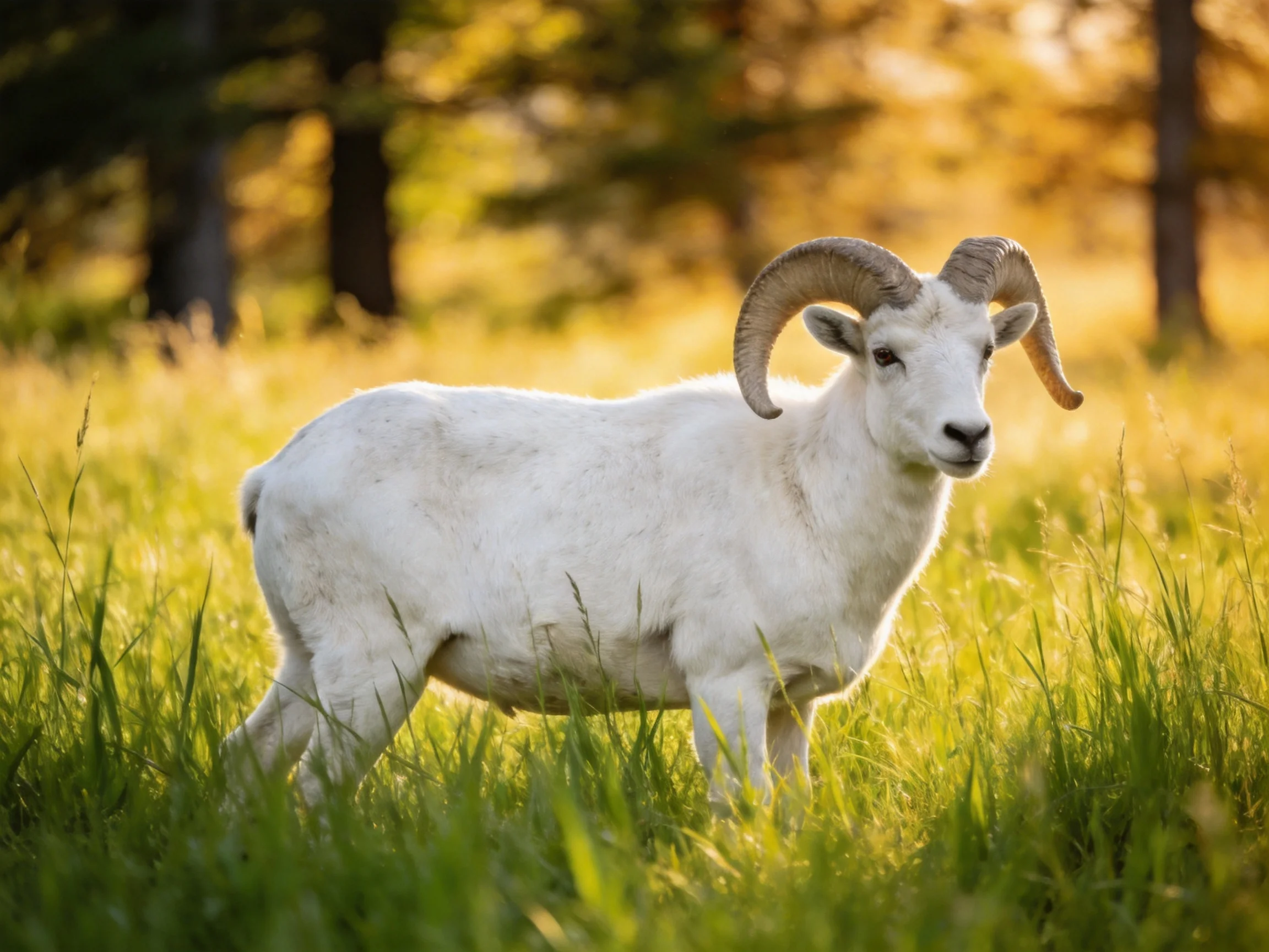 A white horned animal in a sunlit grassy meadow with trees