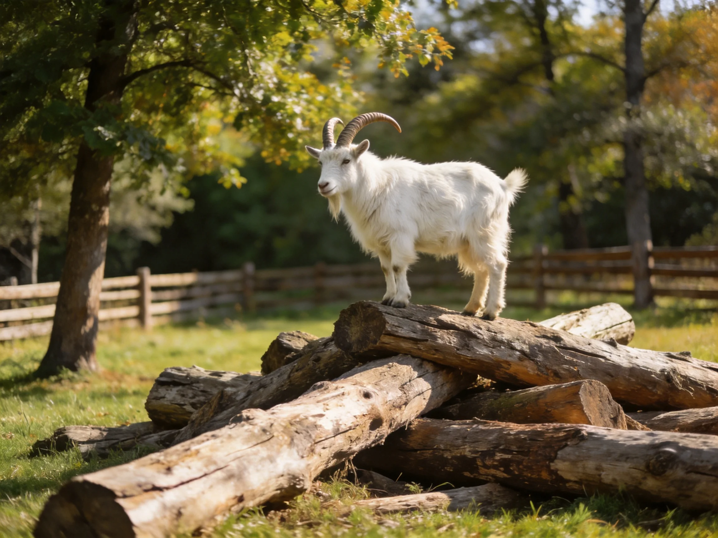 A white horned goat stands atop stacked logs in a sunlit wooded area