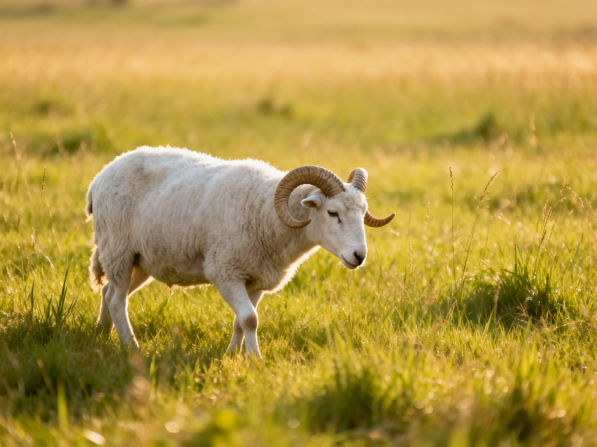 A white horned ram grazing in a sunlit green meadow
