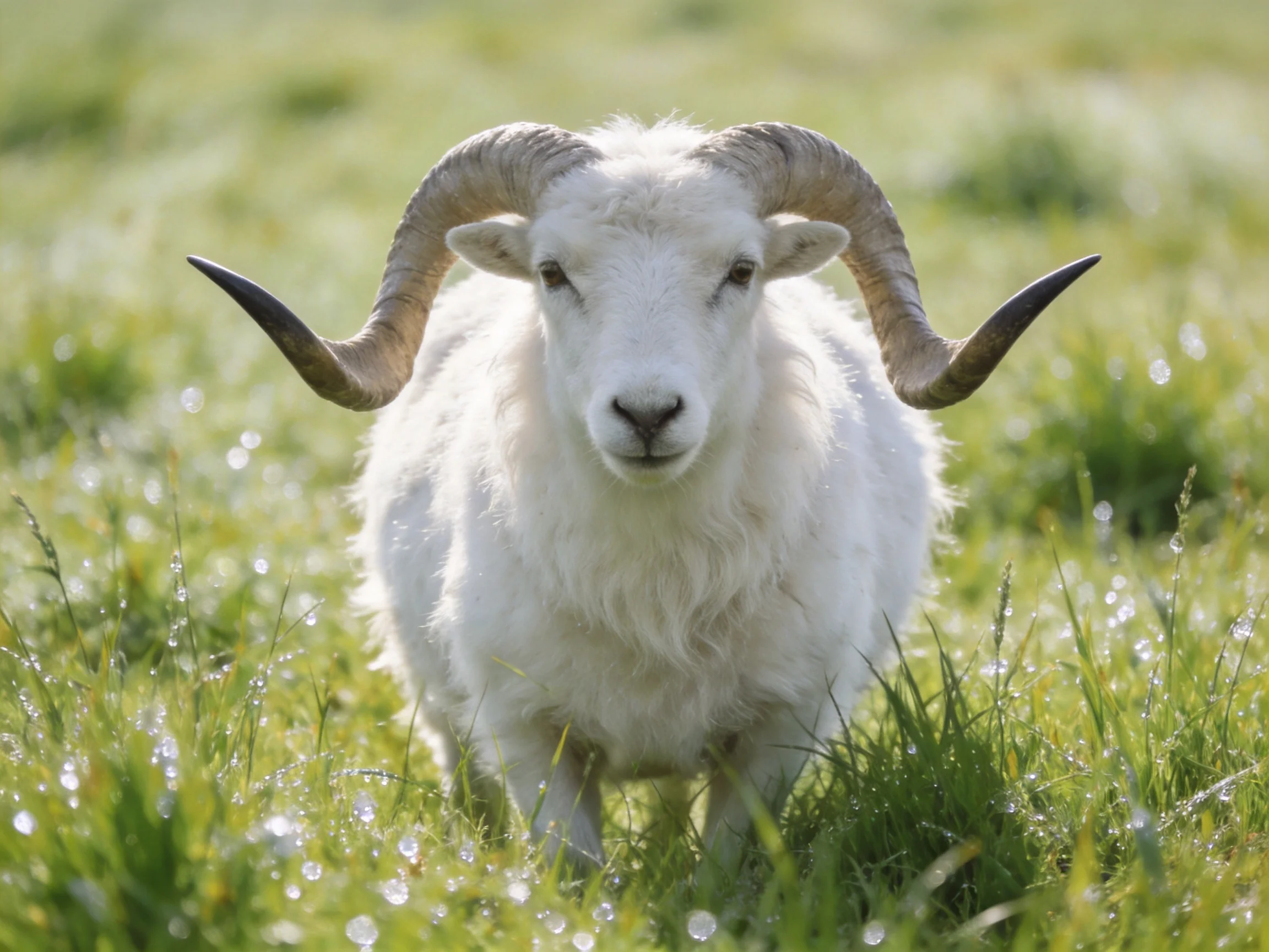 A white horned ram in a dewy green meadow