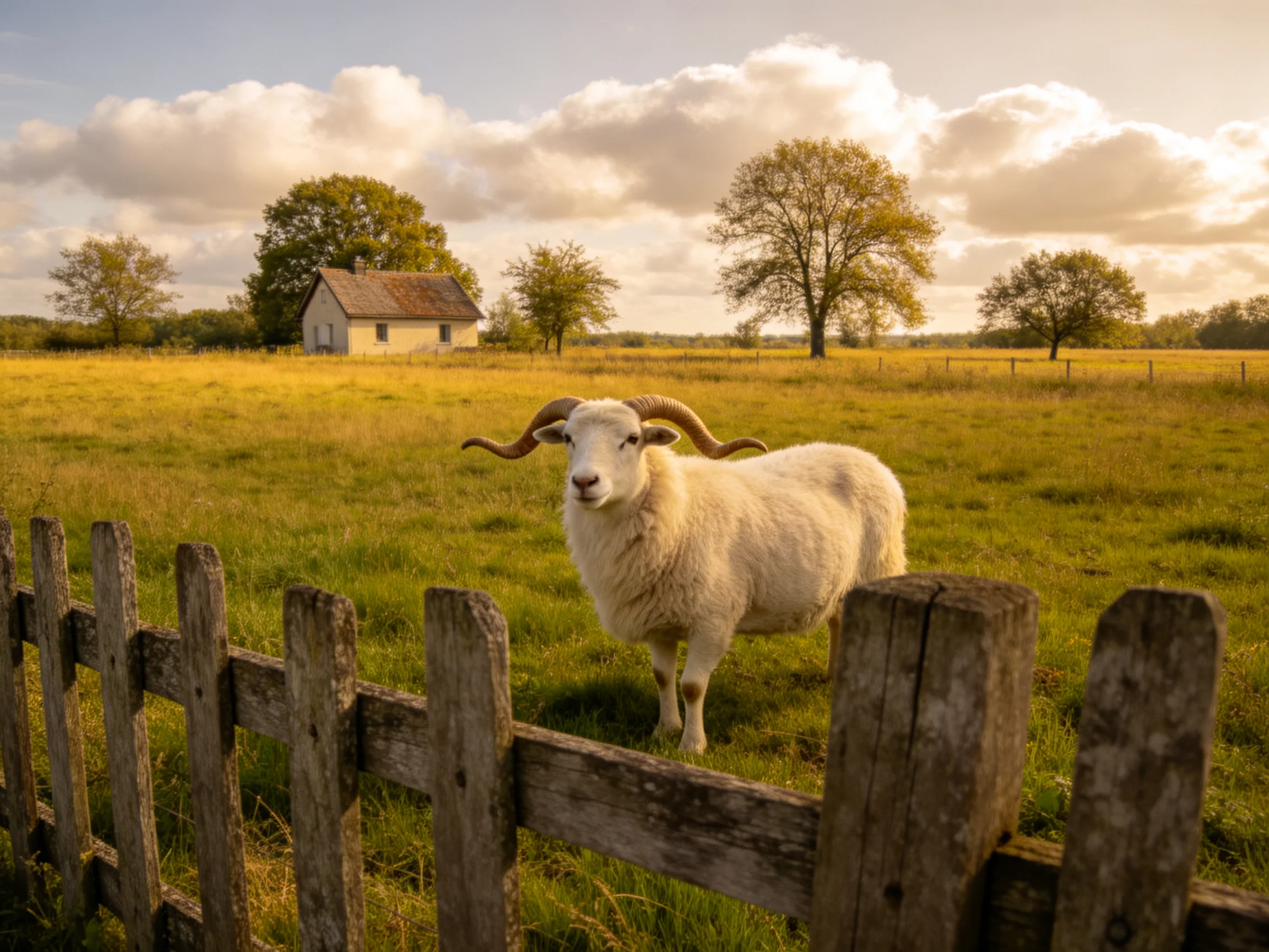 A white horned sheep near an old wooden fence in golden fields