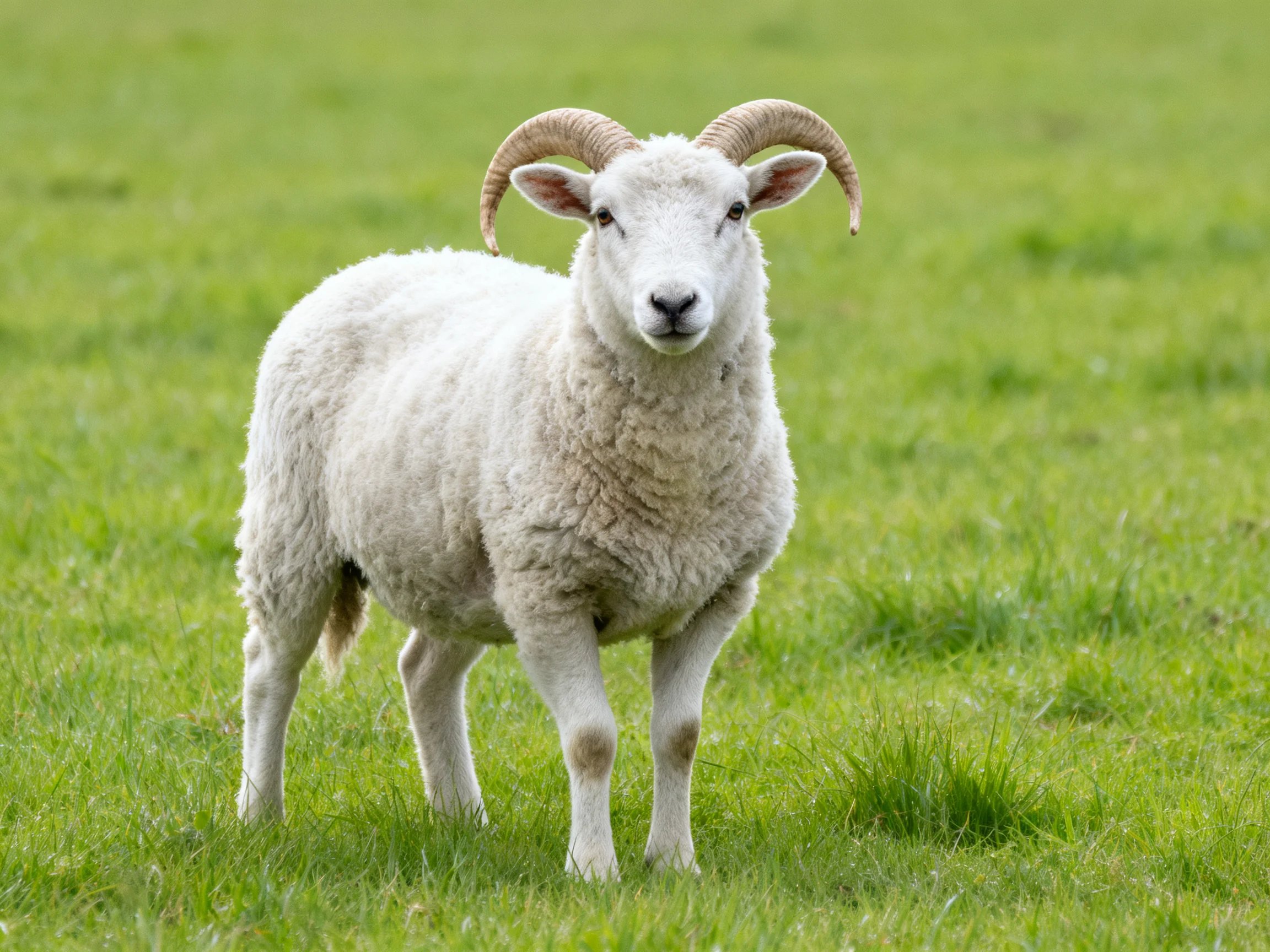 A white horned sheep standing in a lush green meadow