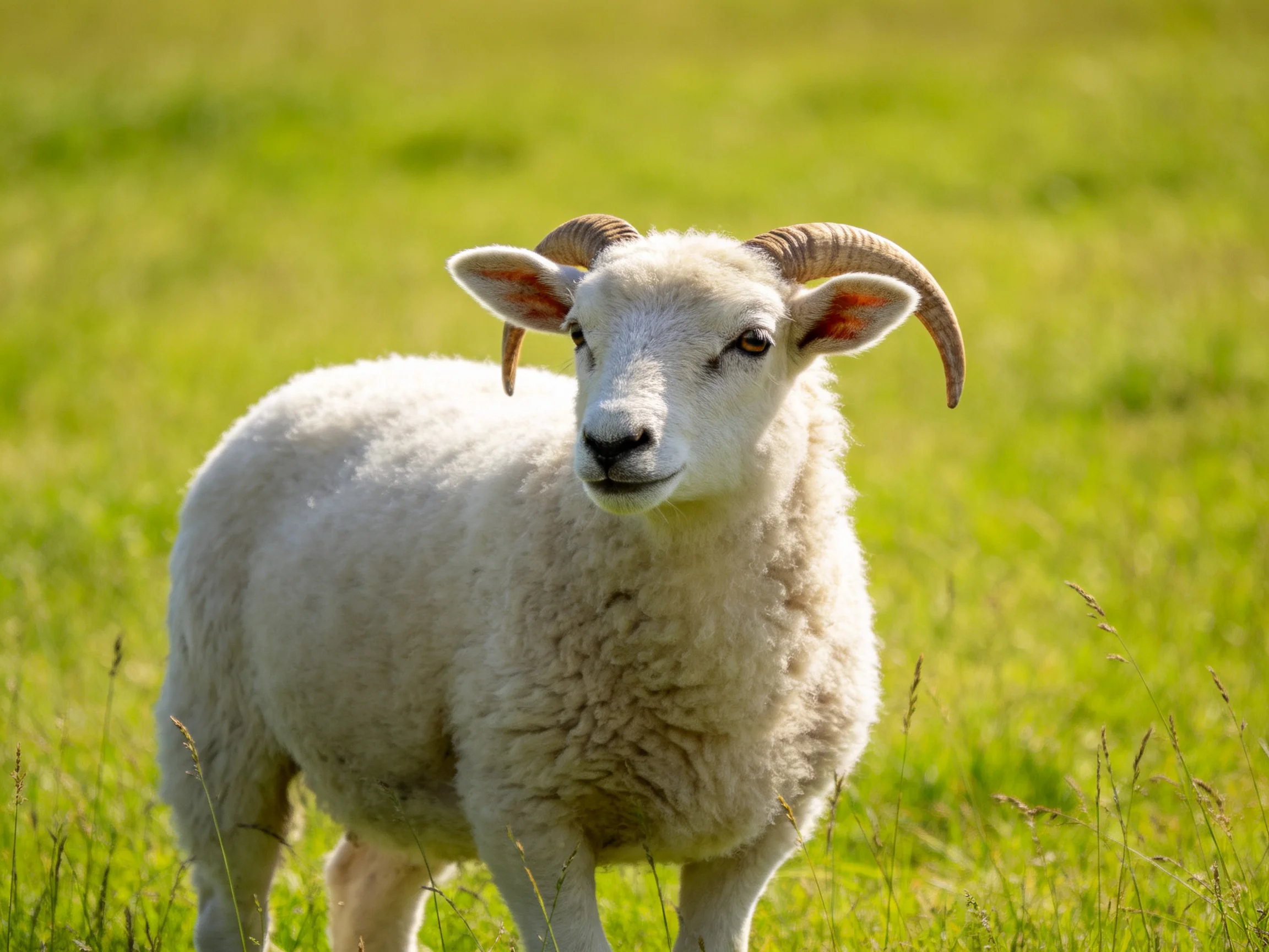 A white horned sheep stands in a lush green meadow