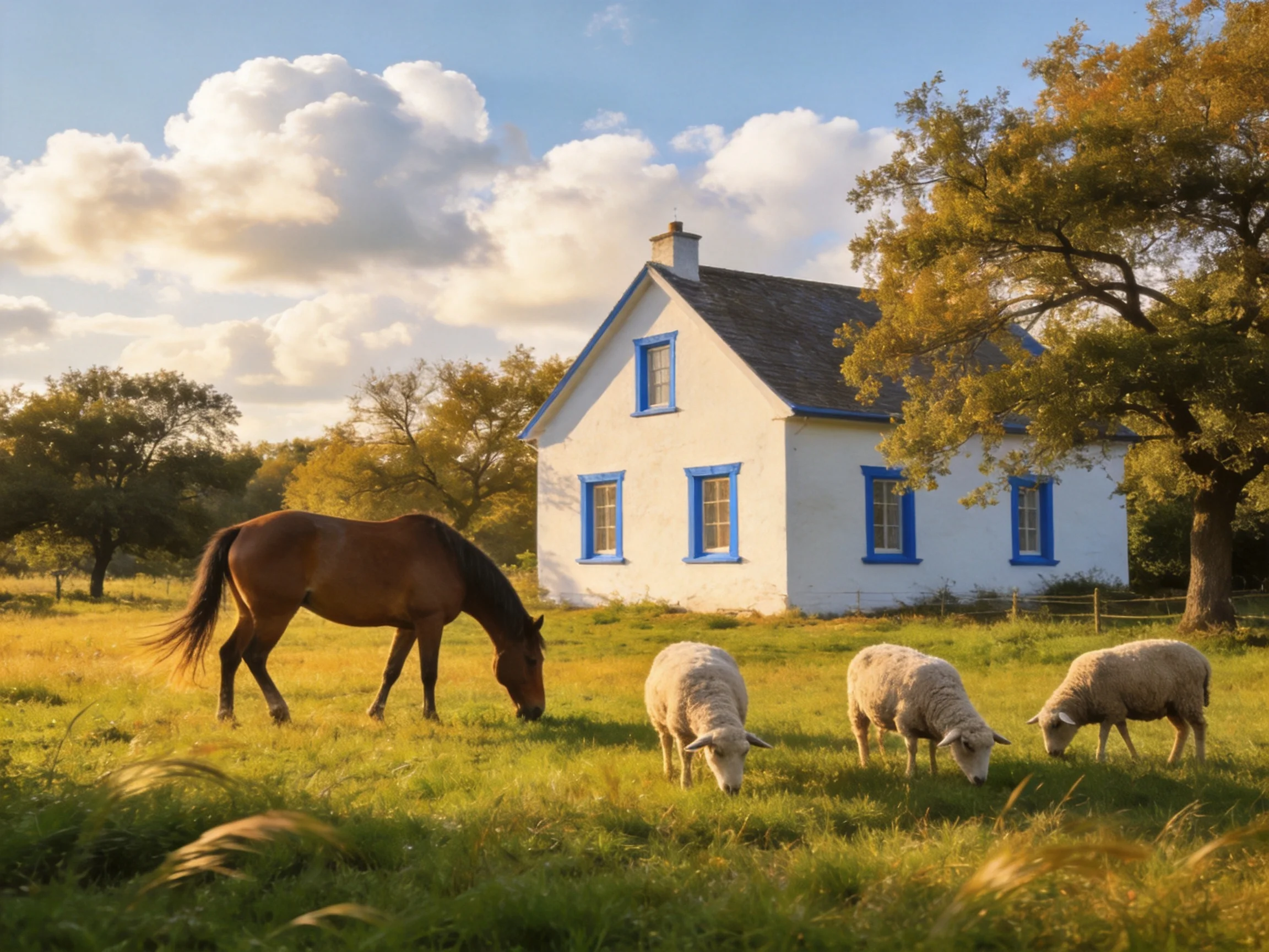 A white house with blue window frames beside grazing animals in a sunlit meadow