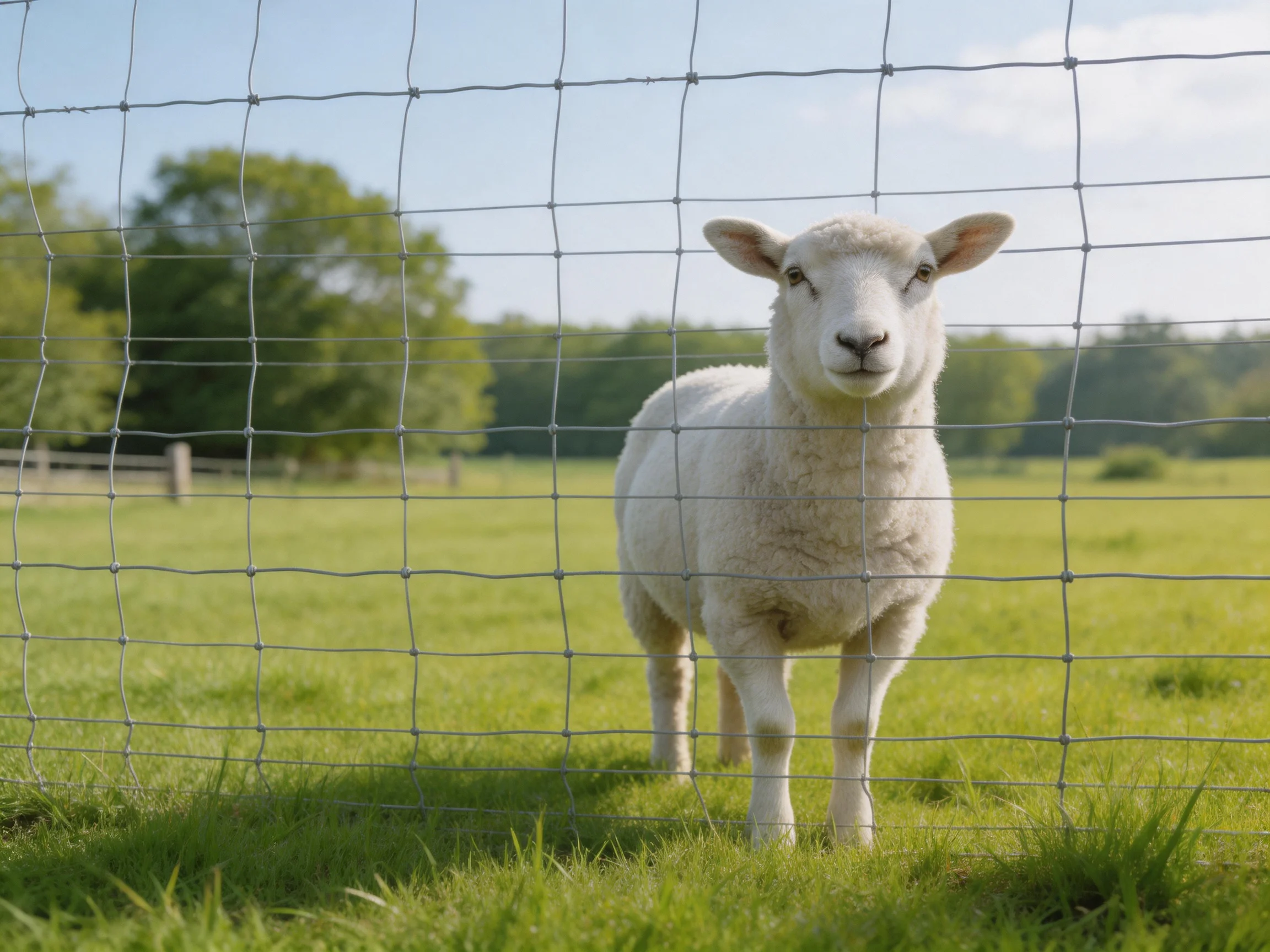 A white lamb behind a wire fence in a sunny meadow
