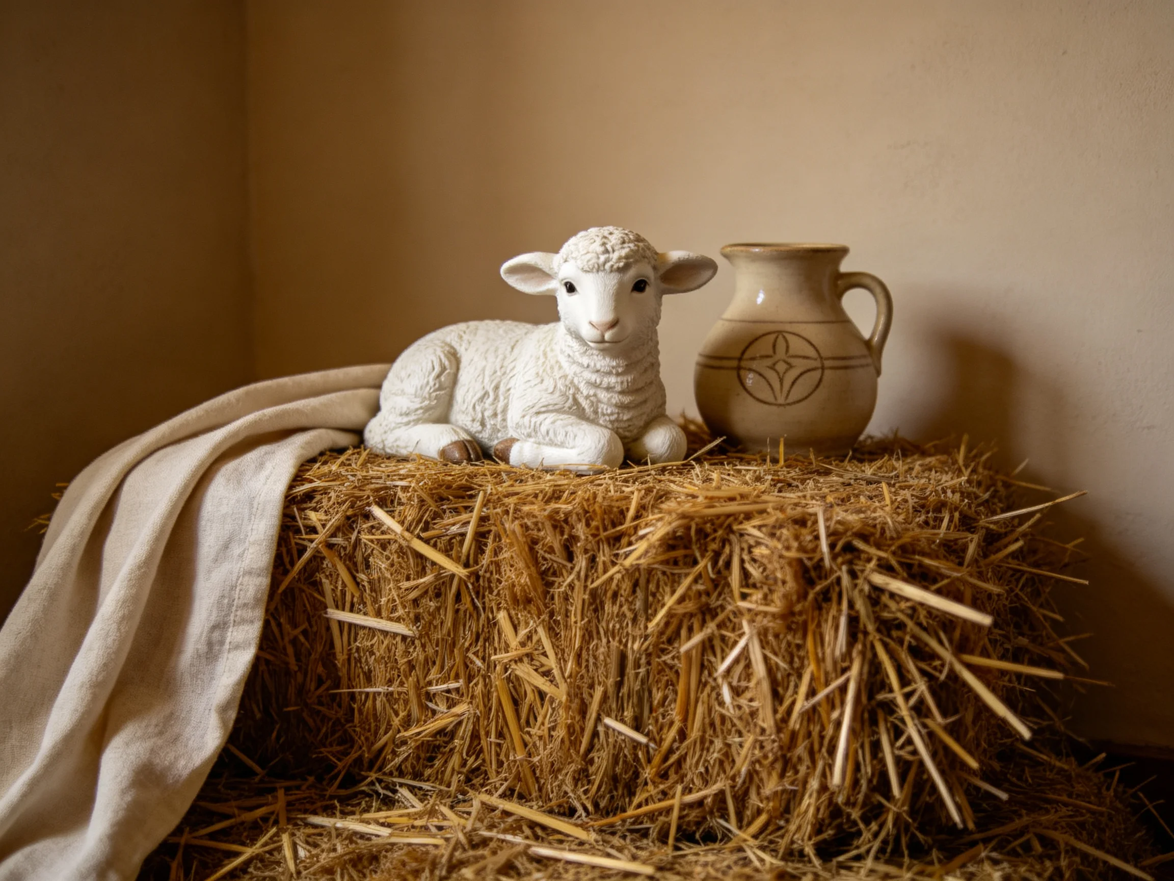 A white lamb figurine sits next to a ceramic pitcher on a hay bale