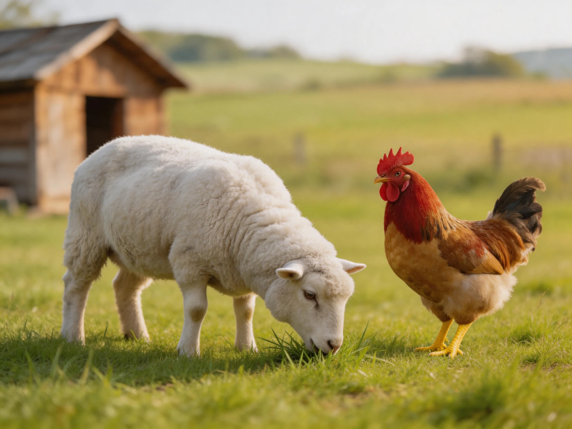 A white lamb grazes beside a red-brown rooster near a wooden shed