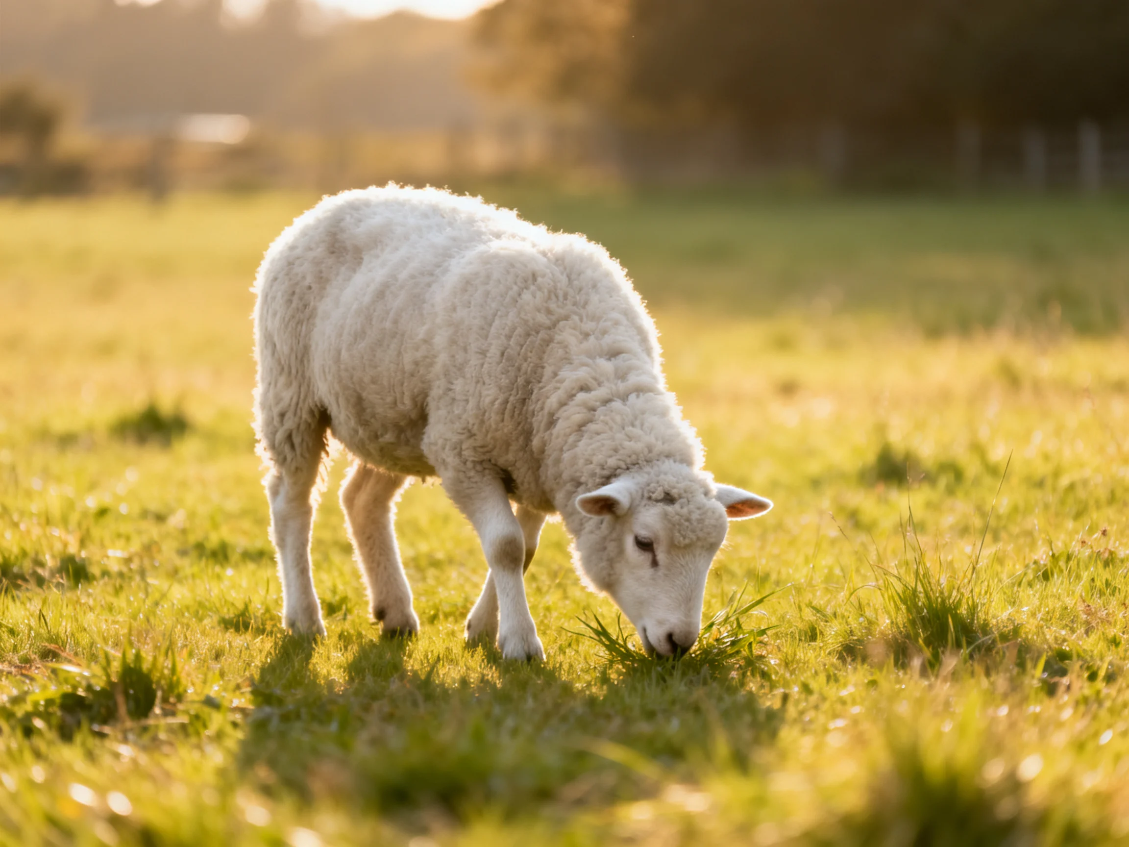 A white lamb grazes in a sunlit green meadow