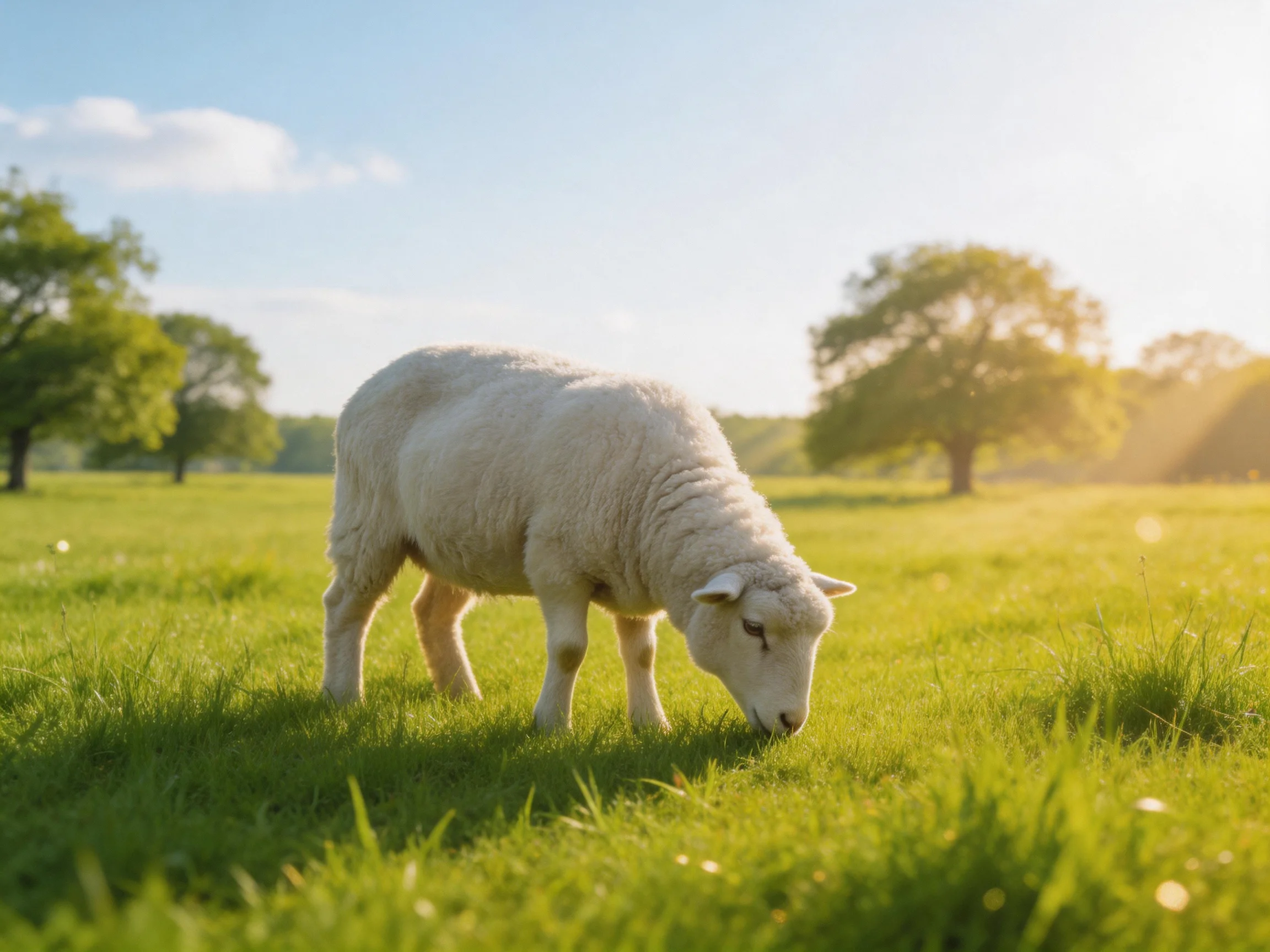 A white lamb grazes peacefully in a sunlit green pasture.