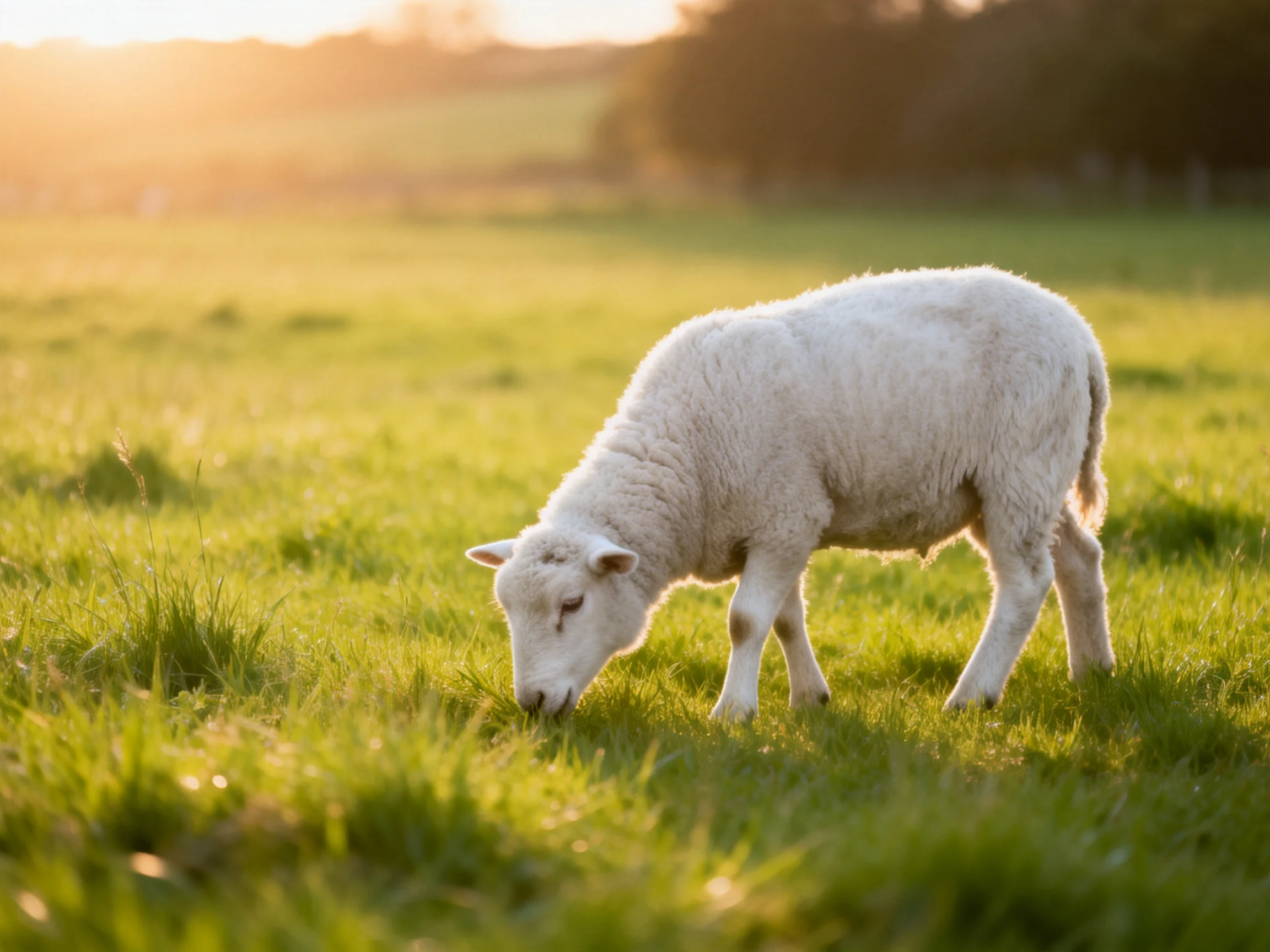 A young white lamb peacefully grazes in a sunlit green pasture.