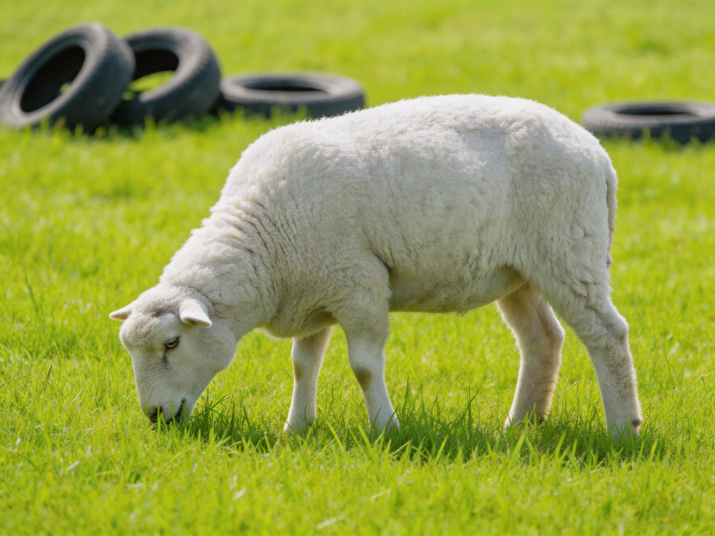 A white lamb grazes in lush green grass near stacked black tires