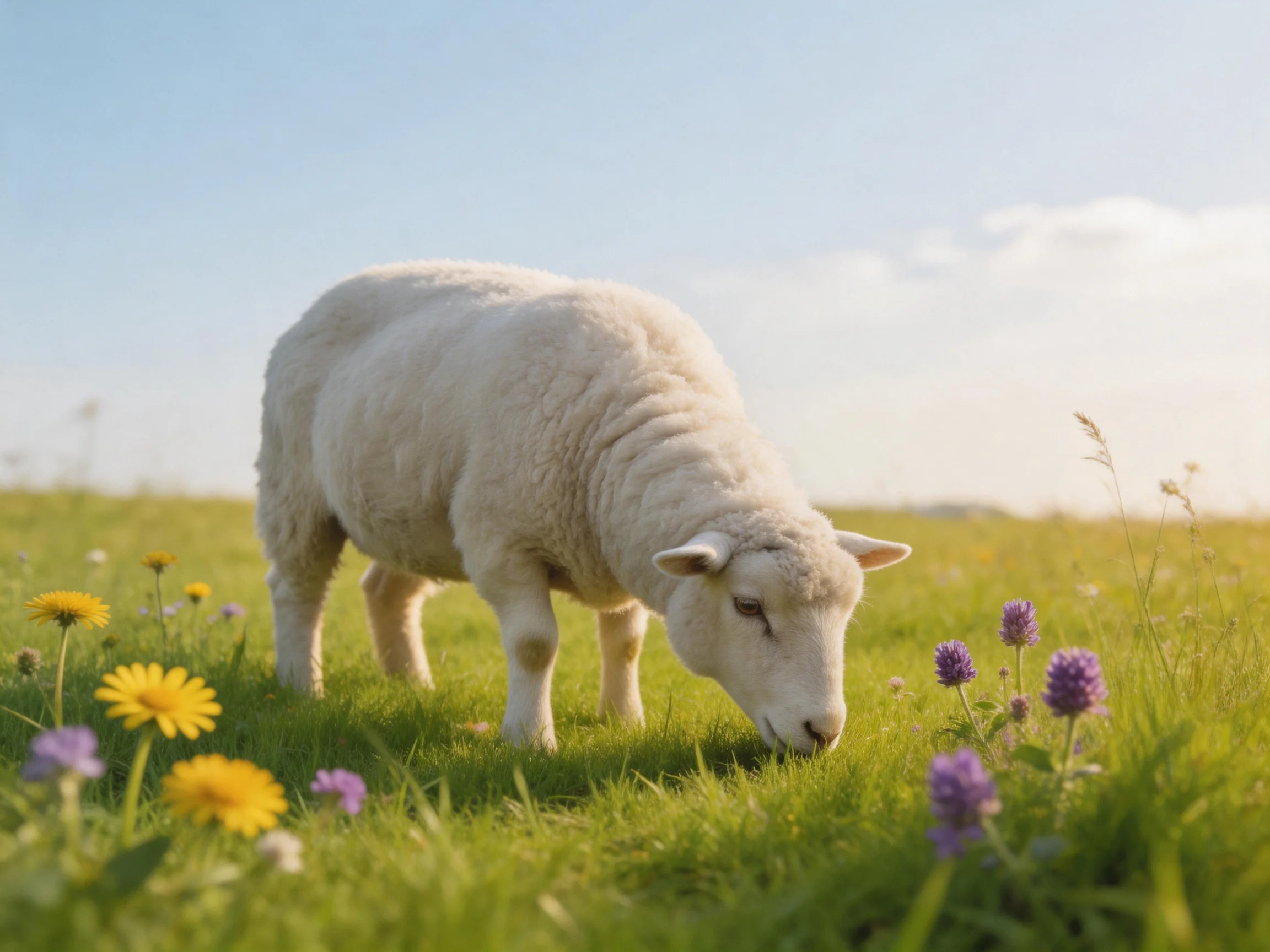 A white lamb grazes near colorful wildflowers in a sunny meadow