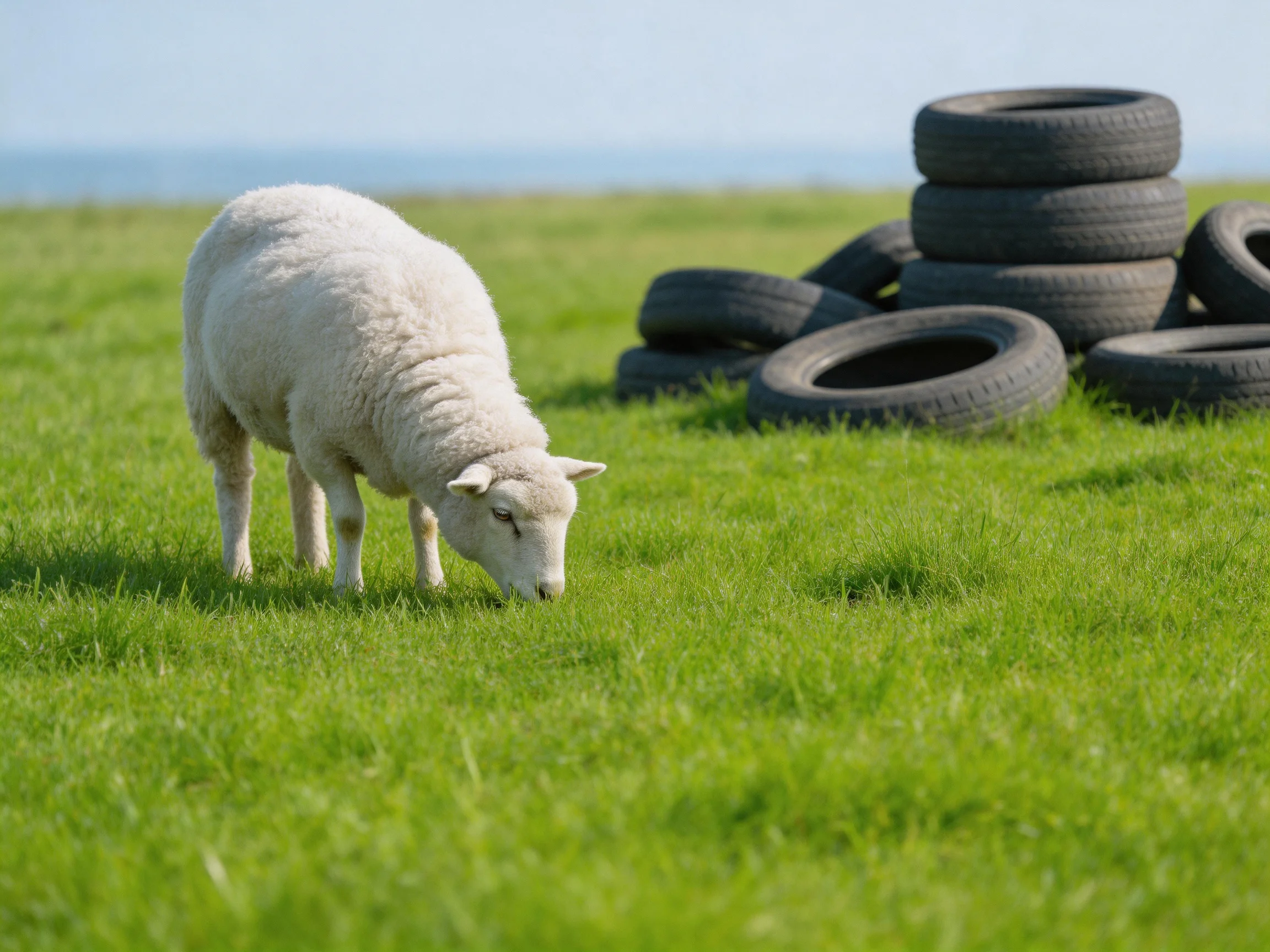 A white lamb grazes near stacked black tires on lush grass