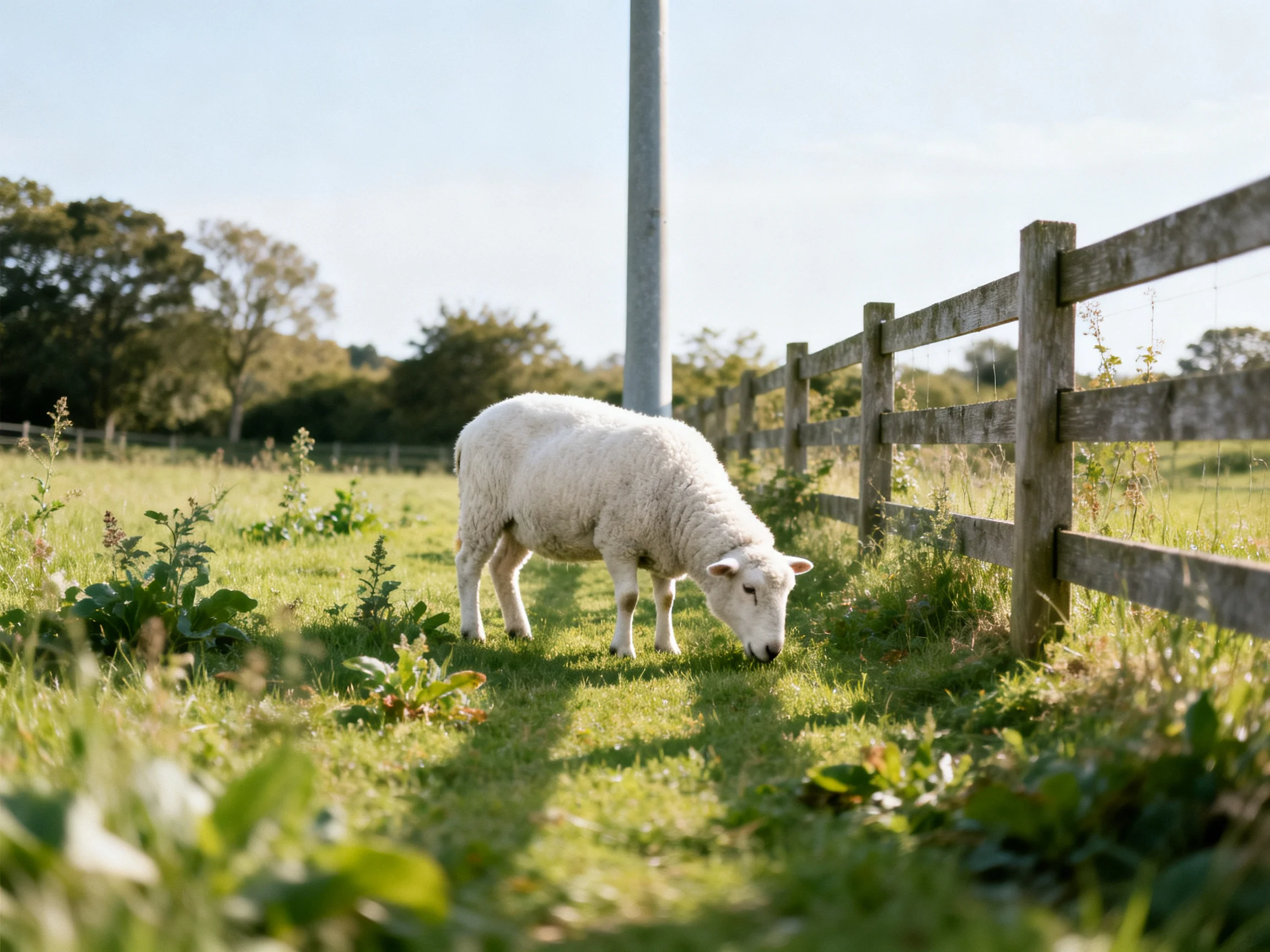 A white lamb grazing by a weathered wooden fence in a sunny field