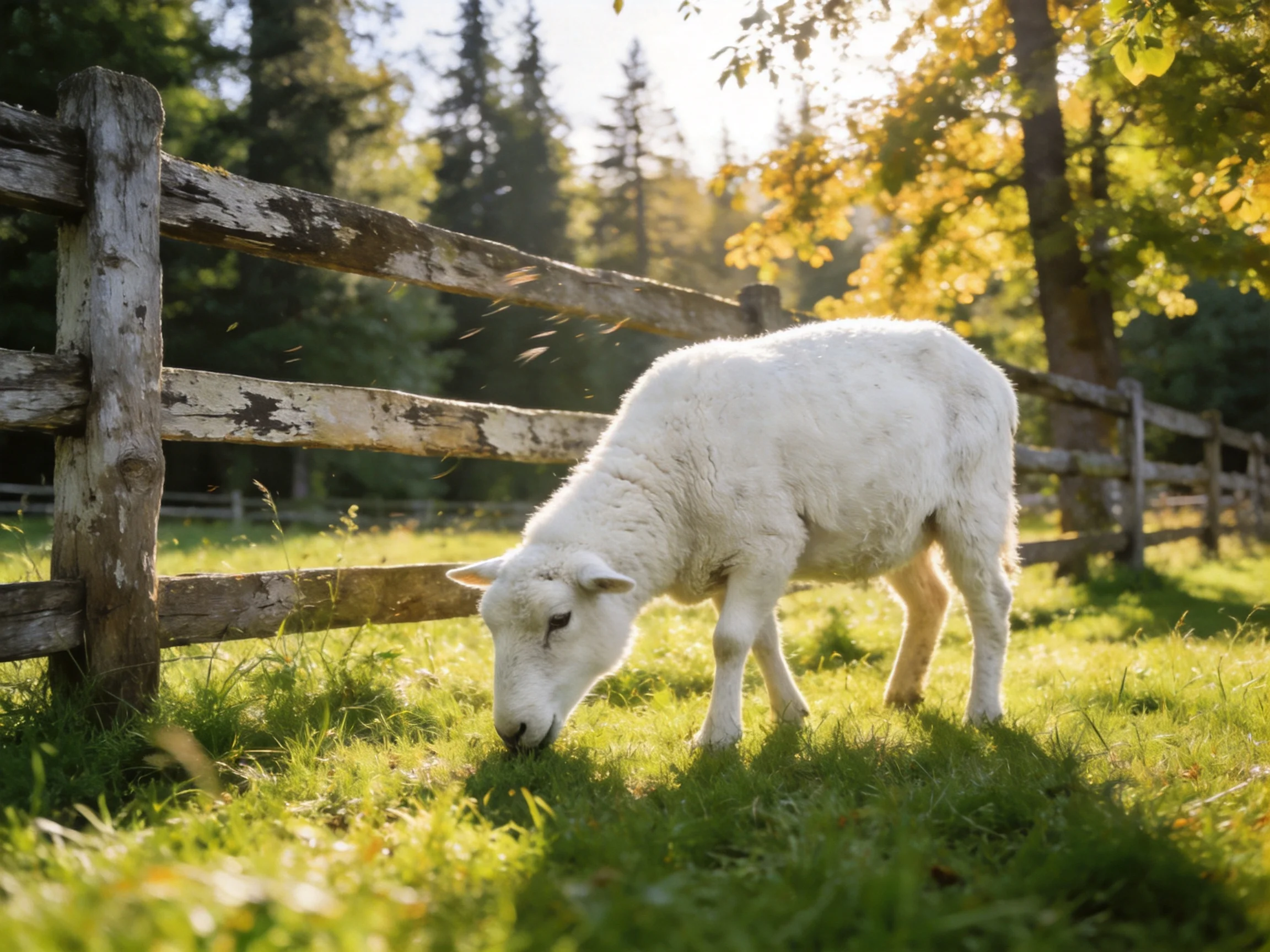 A white lamb grazing near an aged wooden fence in sunlit meadow
