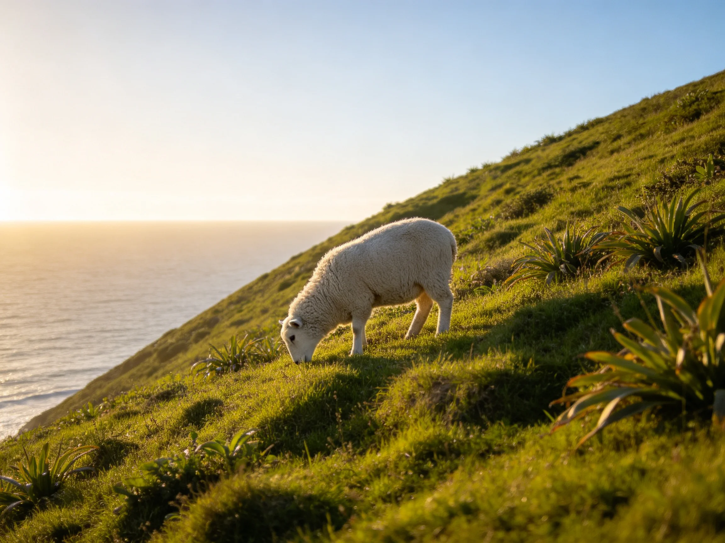 A white lamb grazing on a lush coastal hillside