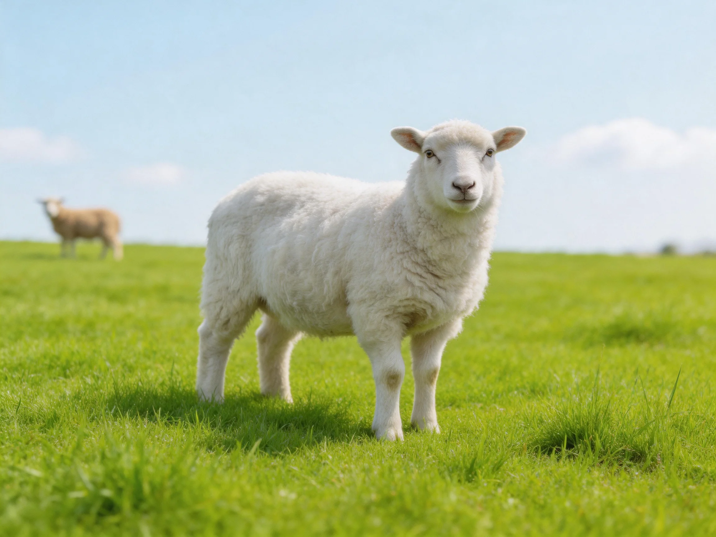 A white lamb stands in a sunny green meadow with a brown sheep in the background