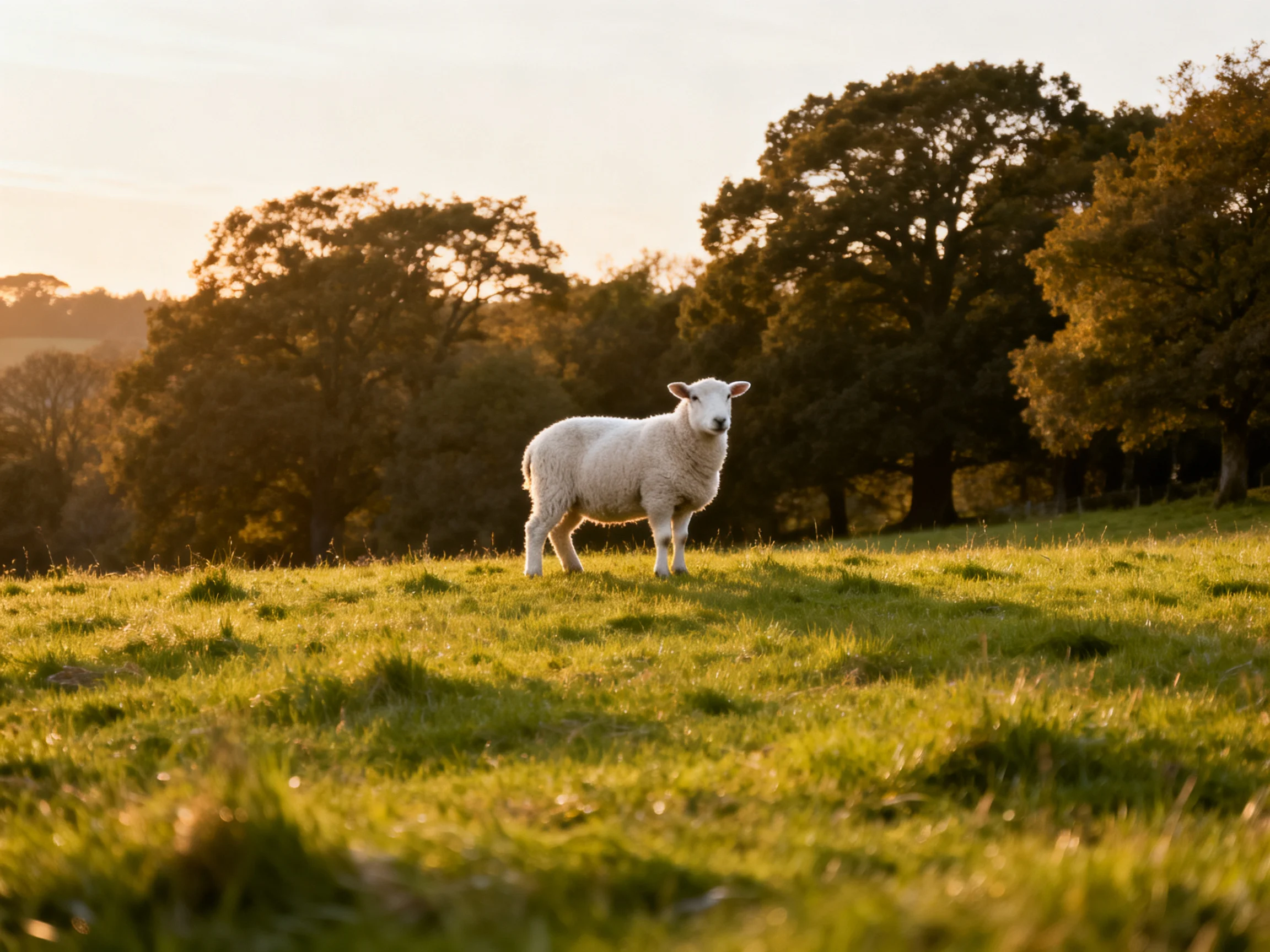 A white lamb stands in a sunlit meadow near large trees