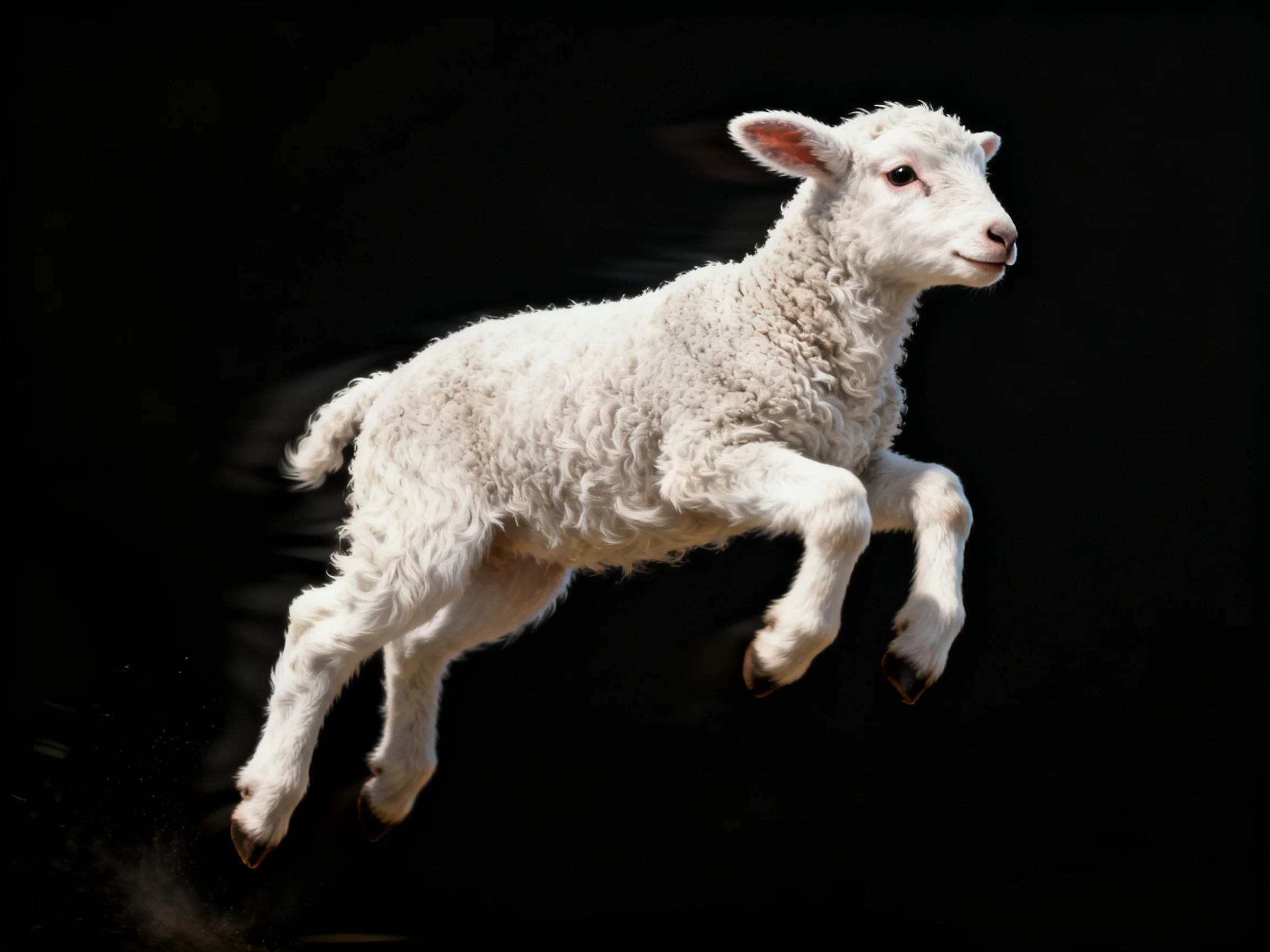 A white lamb leaps energetically against a black background