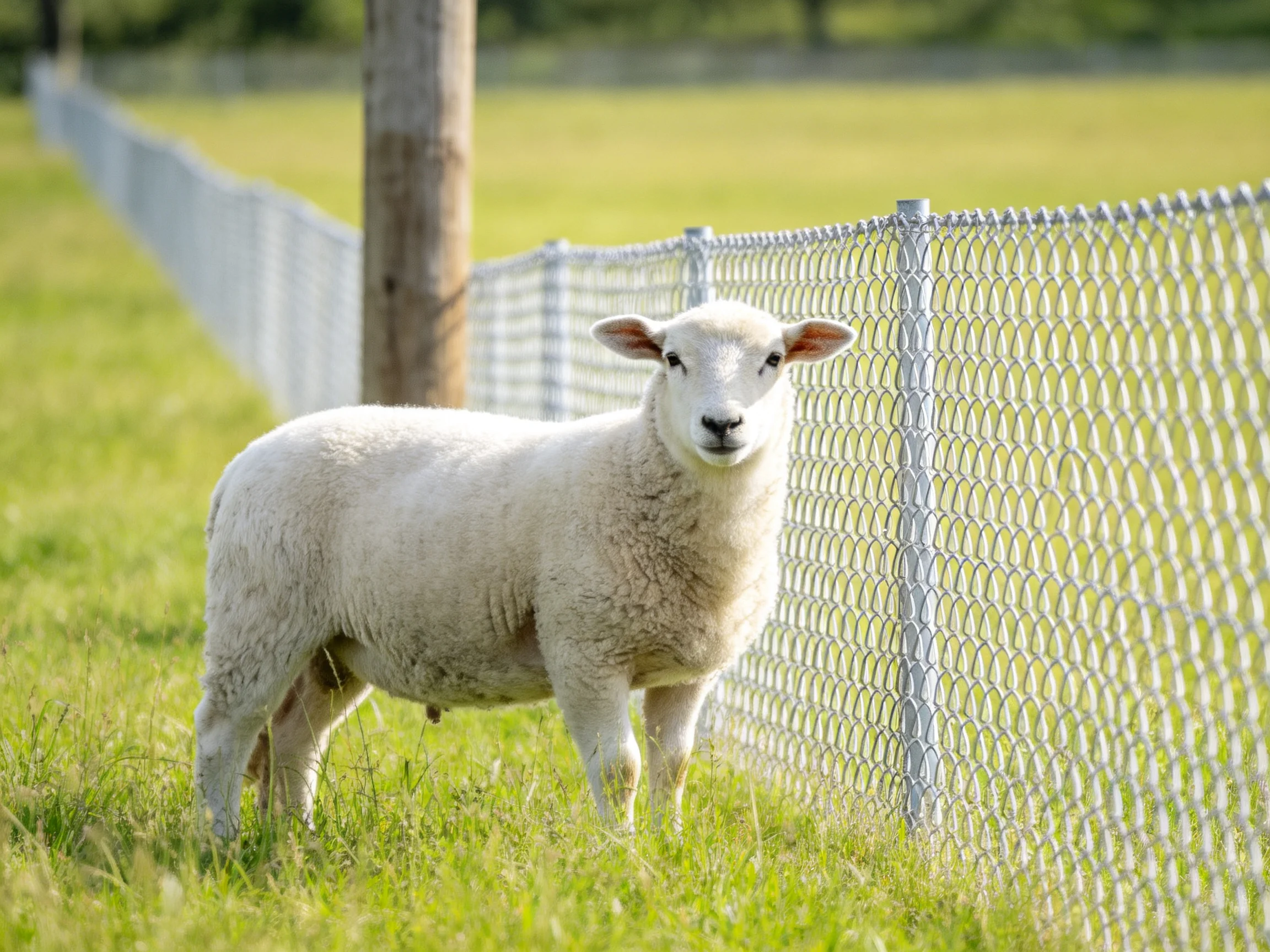 A white lamb near a silver chain-link fence in a green pasture
