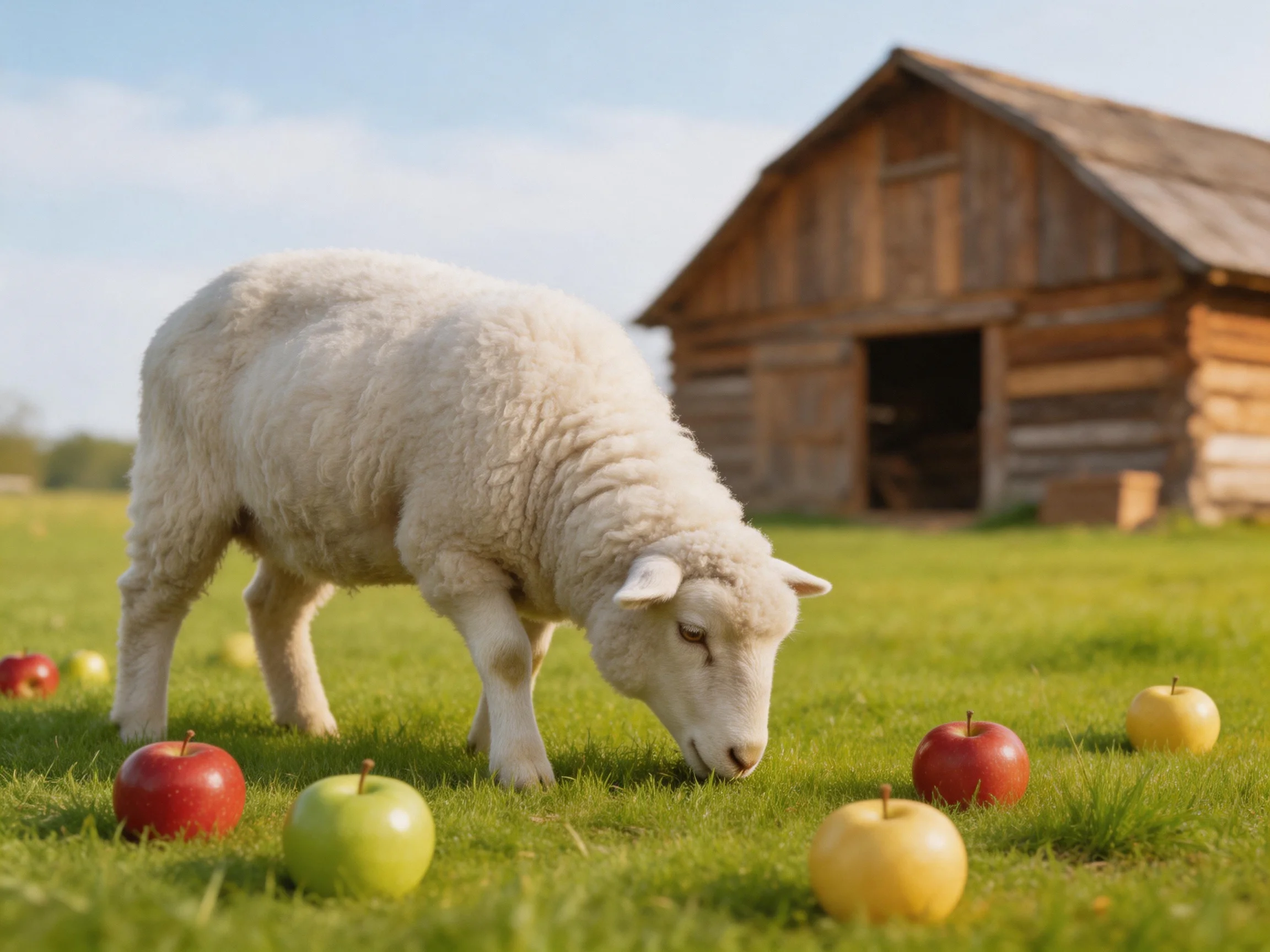 A white lamb near colorful apples on green grass by an old wooden barn