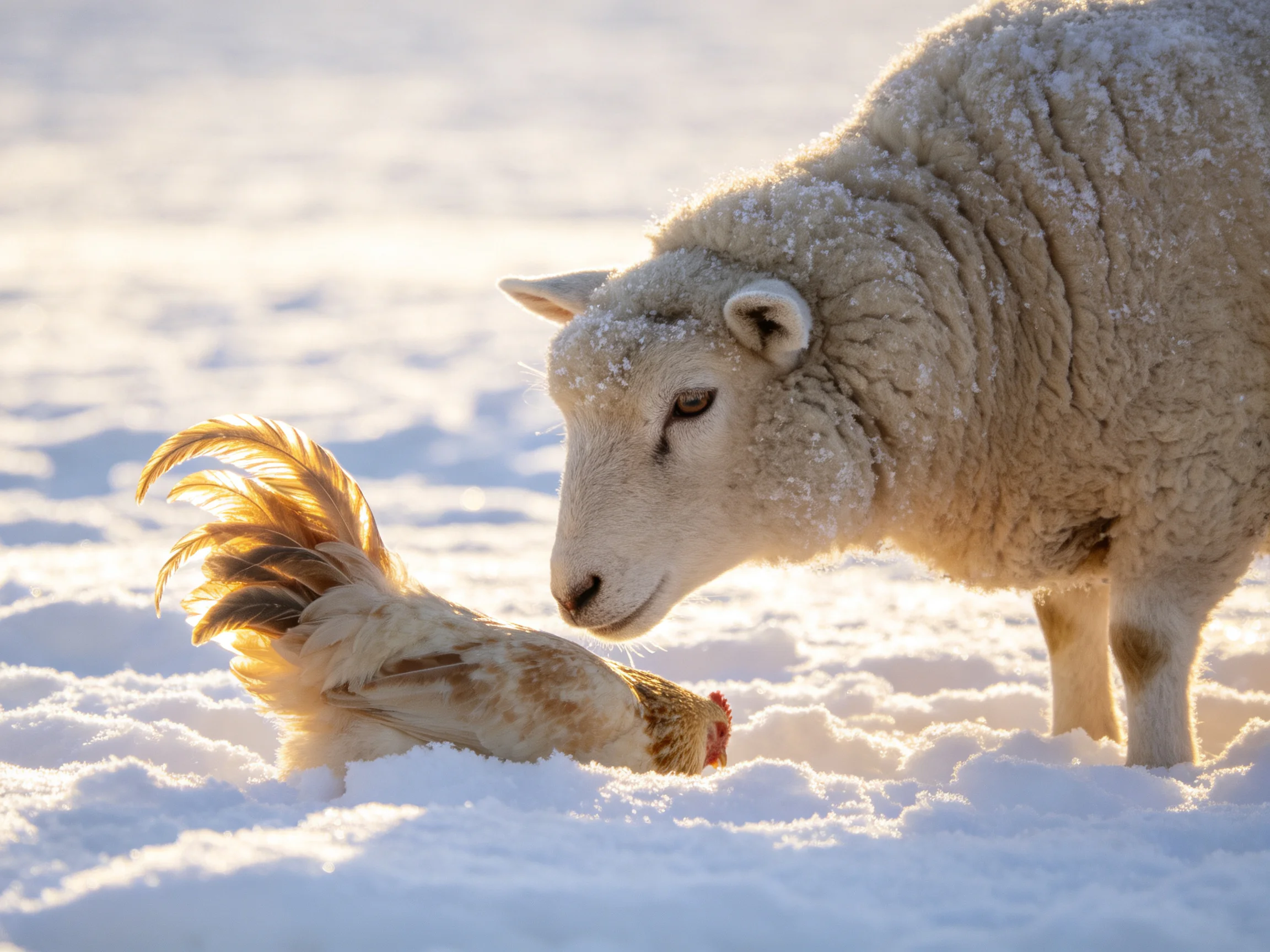 A white lamb observes a golden chicken in snowy terrain