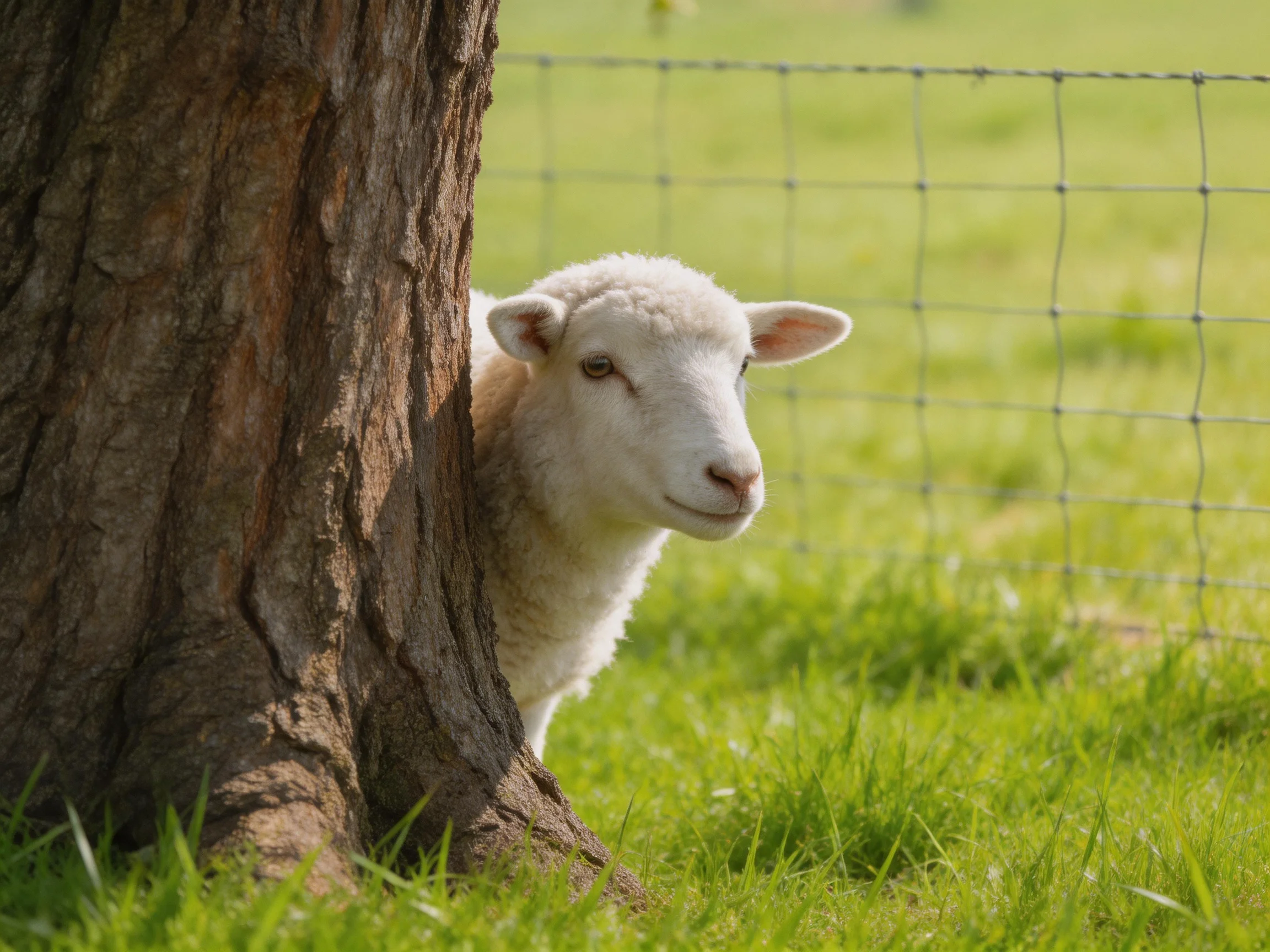 A white lamb peeks from behind a large brown tree trunk
