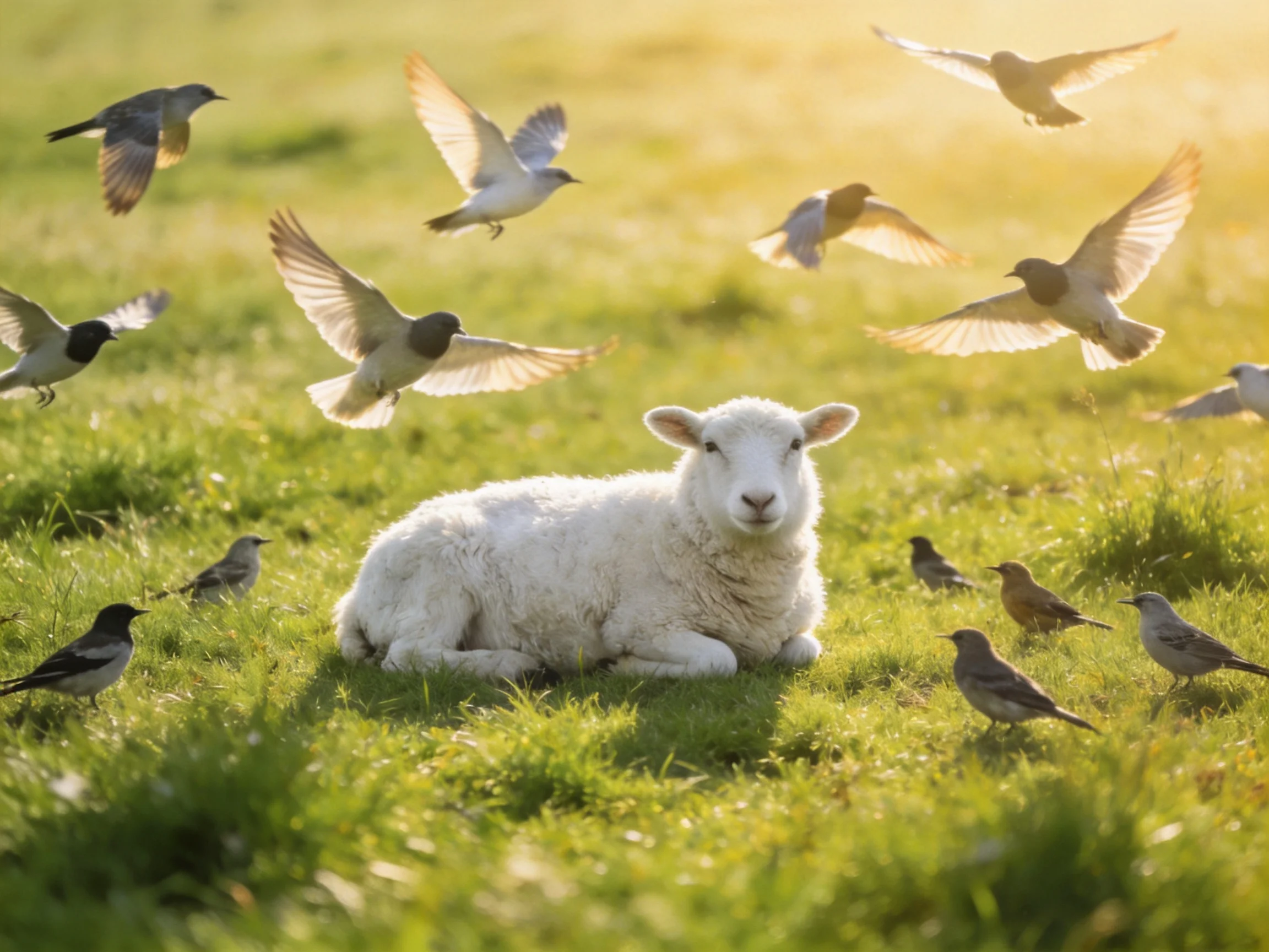 A white lamb resting among numerous birds on lush green grass