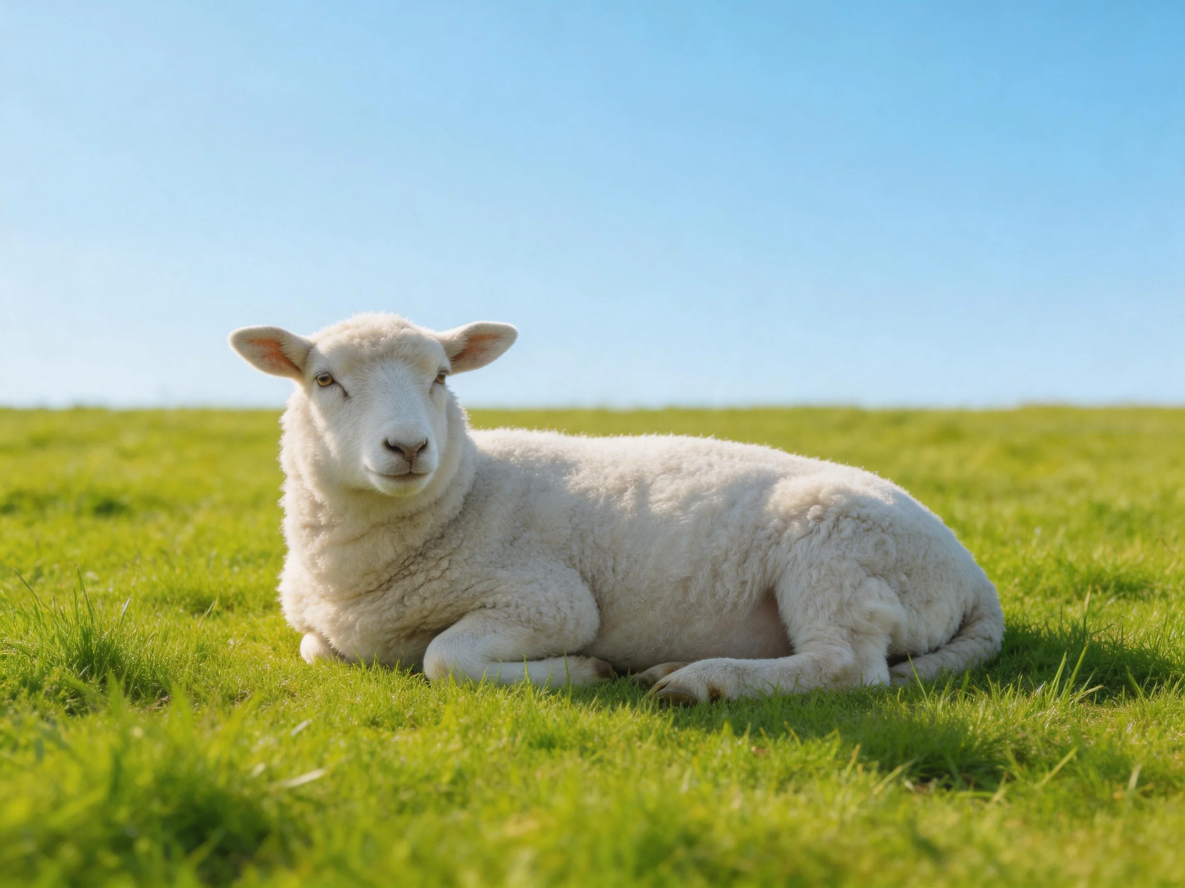 A white lamb resting on lush green grass beneath clear blue sky