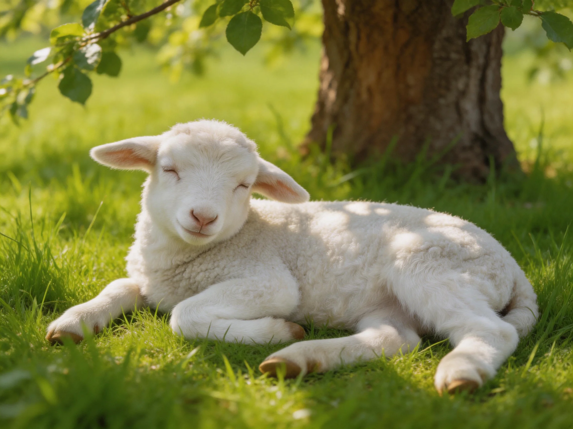 A white lamb resting on lush green grass near a brown tree trunk