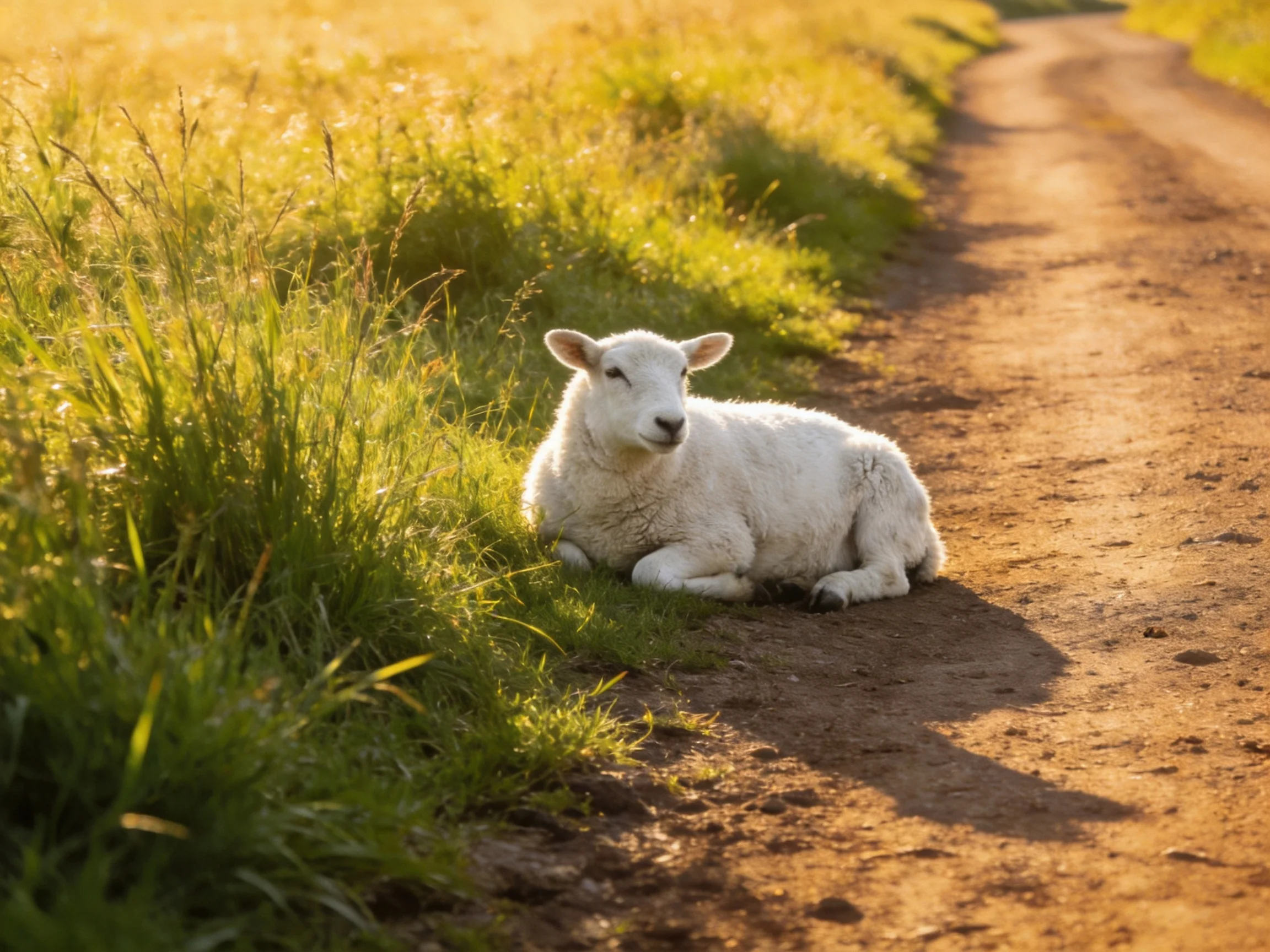 A white lamb rests beside a sunlit dirt path