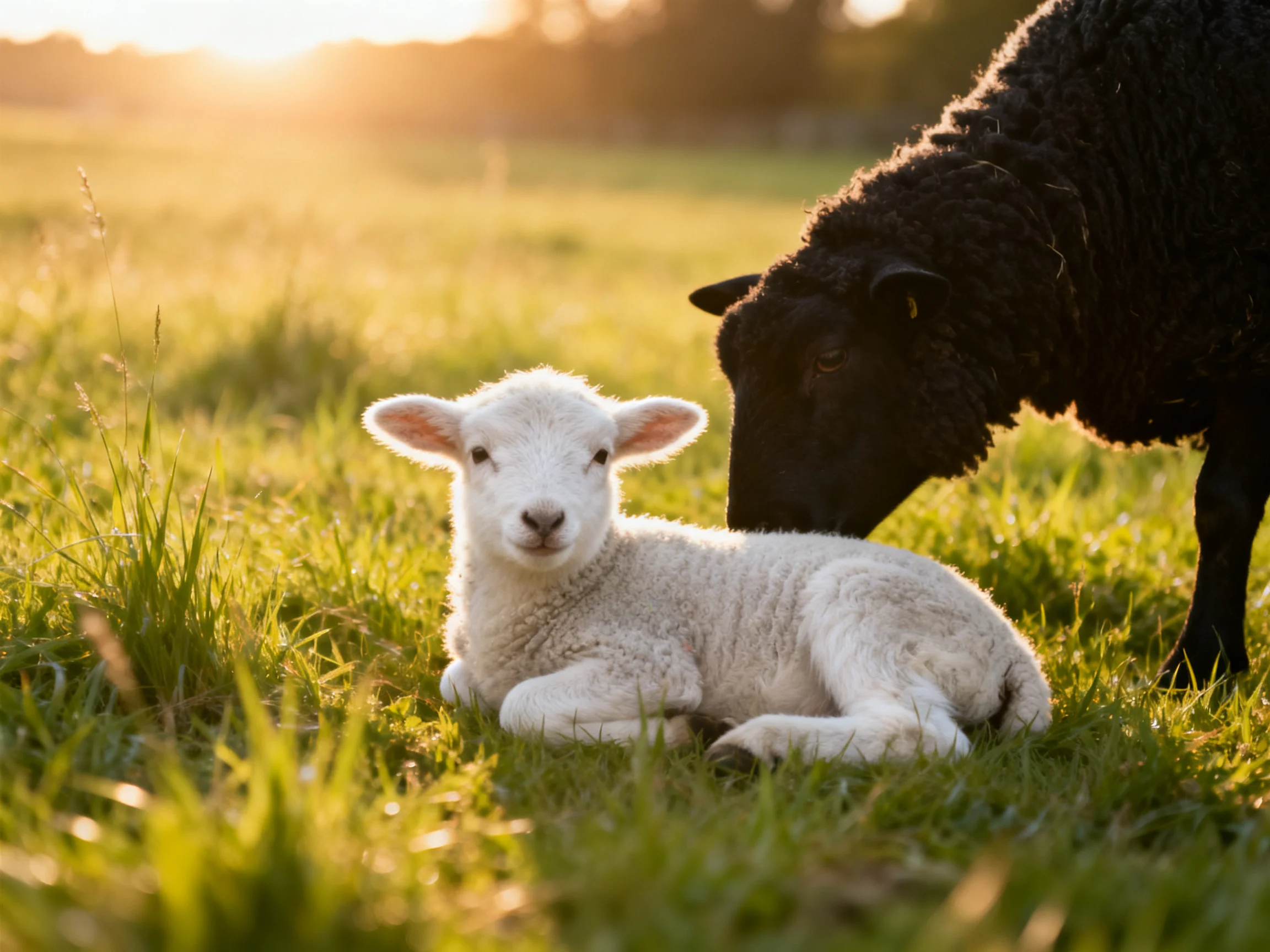 A white lamb lies in grass as a black sheep approaches during sunset.