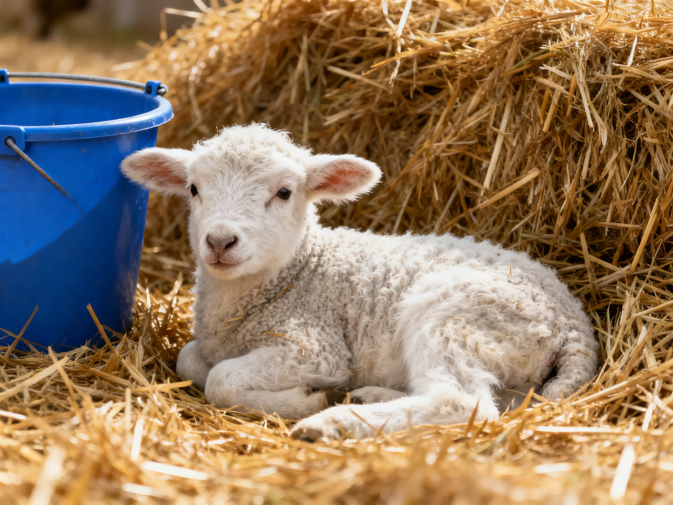 A small white lamb lies beside a blue bucket amid golden straw.