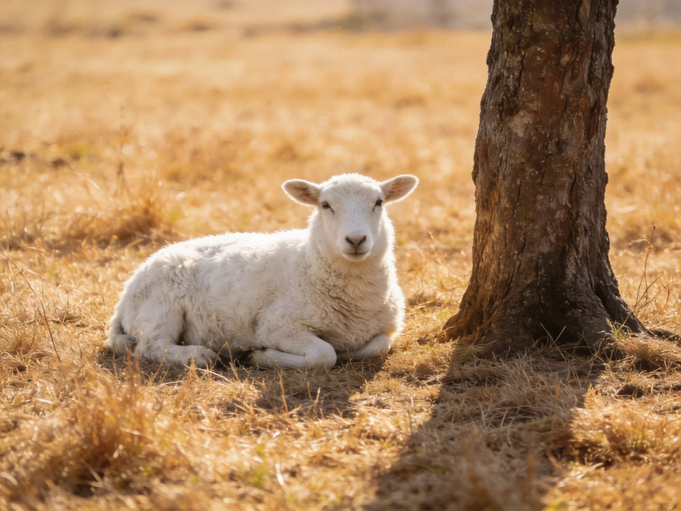 A white lamb rests near a tree in golden grassland