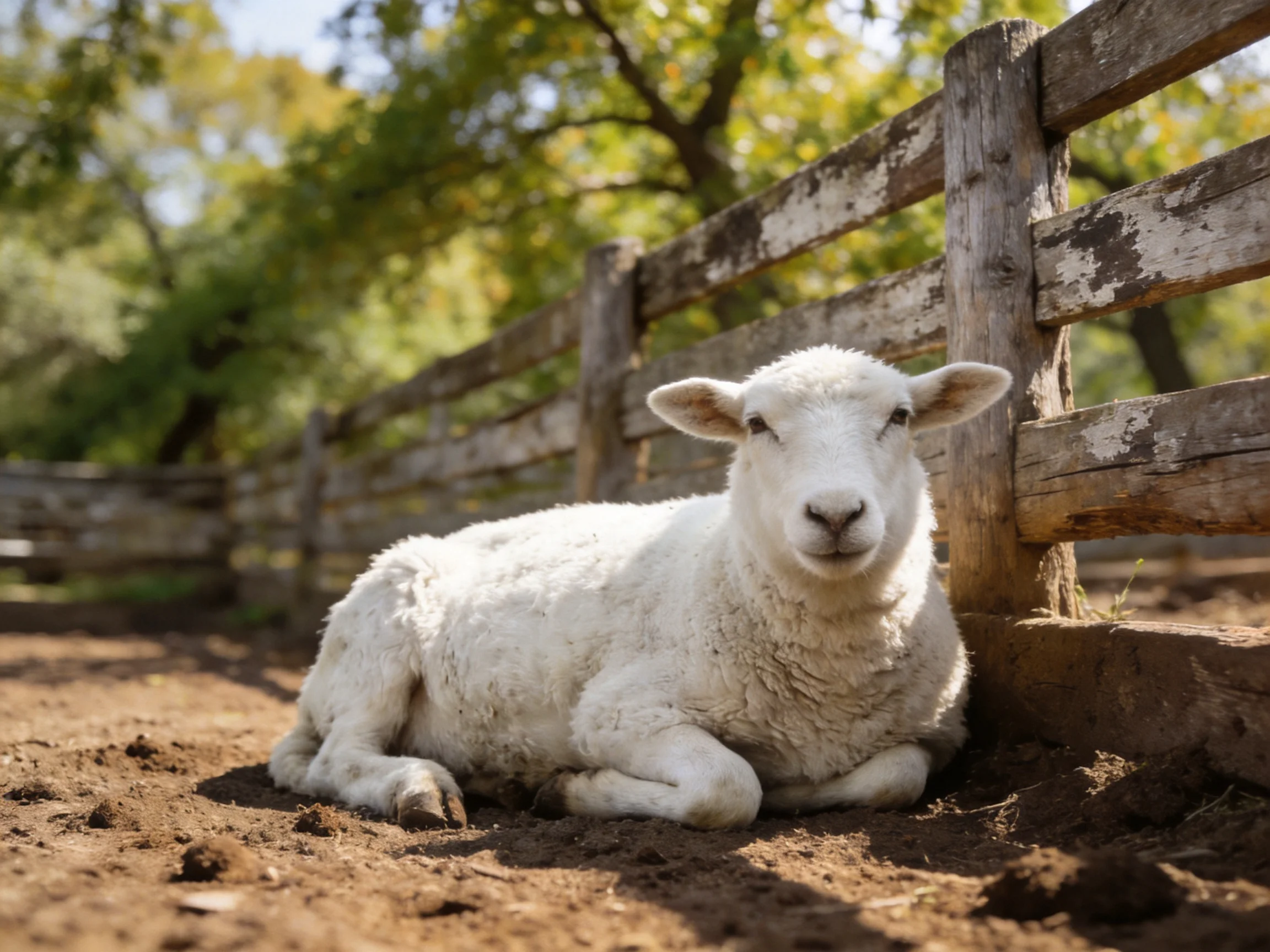 A white lamb rests near an aged wooden fence on dirt