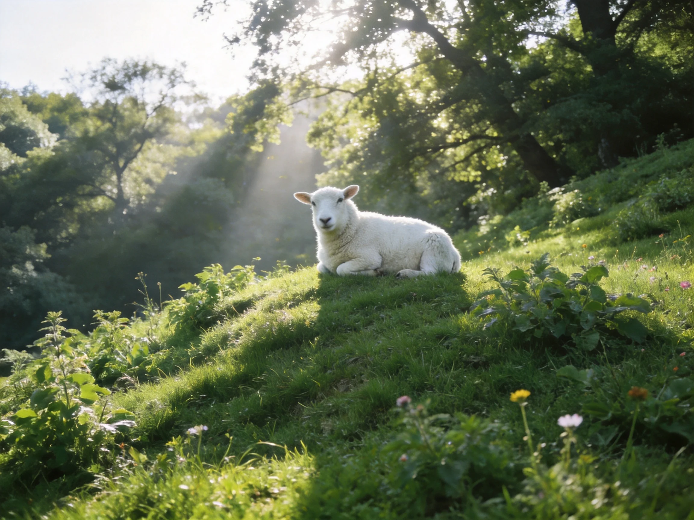 A white lamb rests on a lush green hillside with sunlight filtering through trees