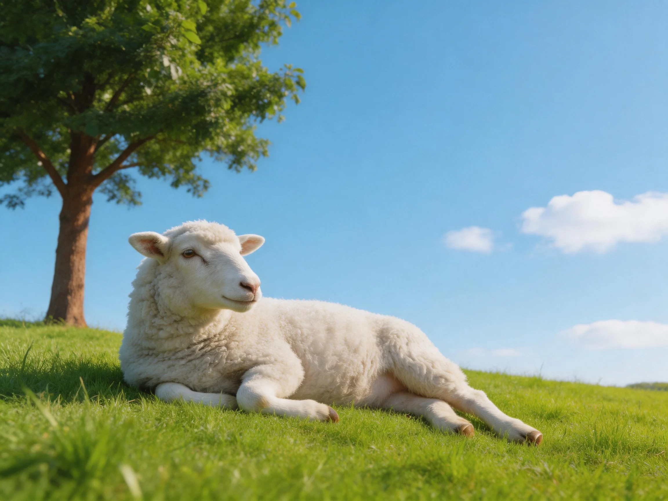 A white lamb relaxes on green grass next to a tree under a bright blue sky.