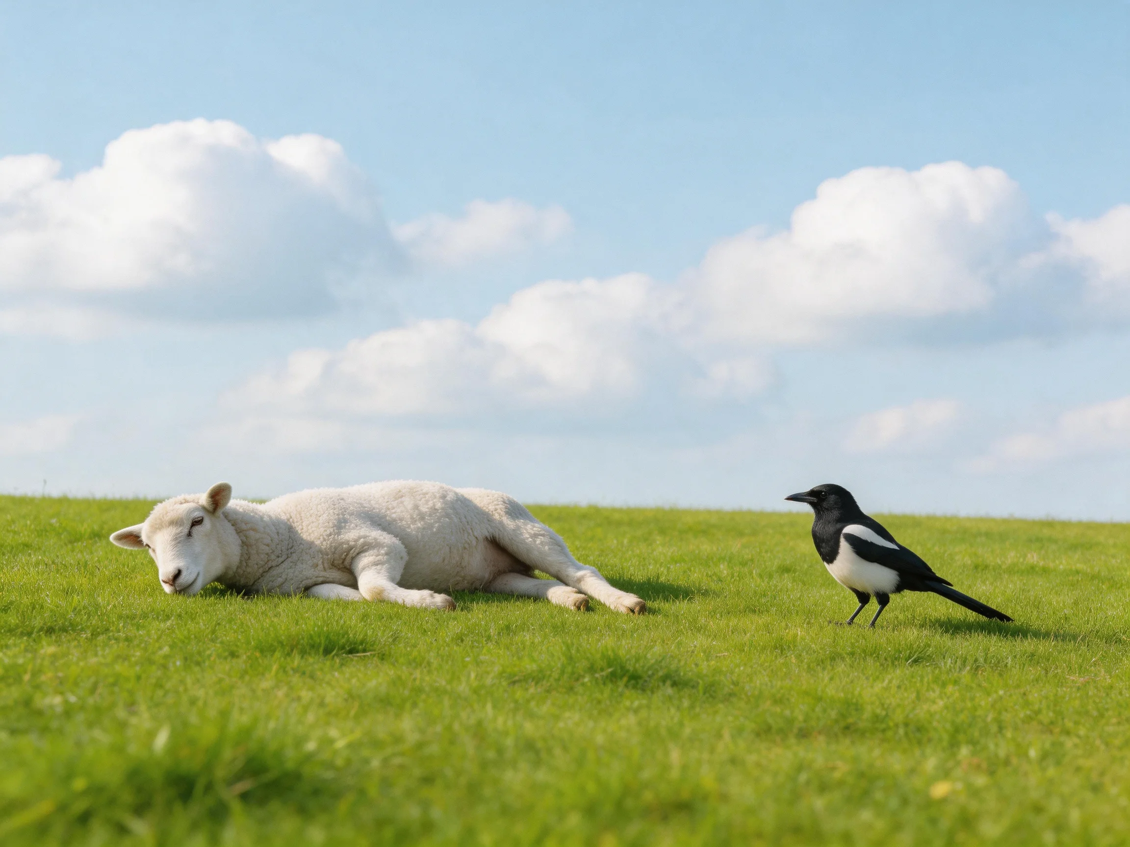 A white lamb rests on lush green grassbeside a black-and-white magpie