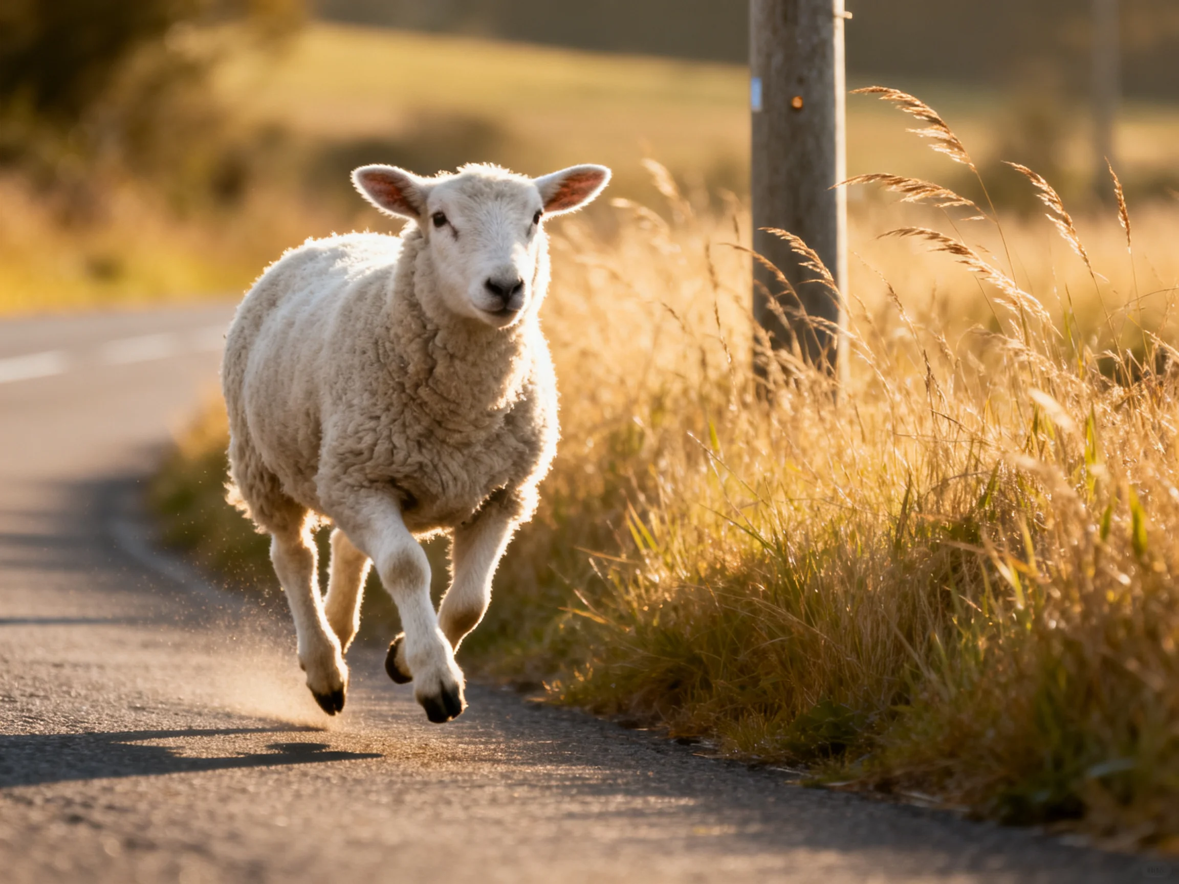 A white lamb runs along a sunlit country road near tall golden grass