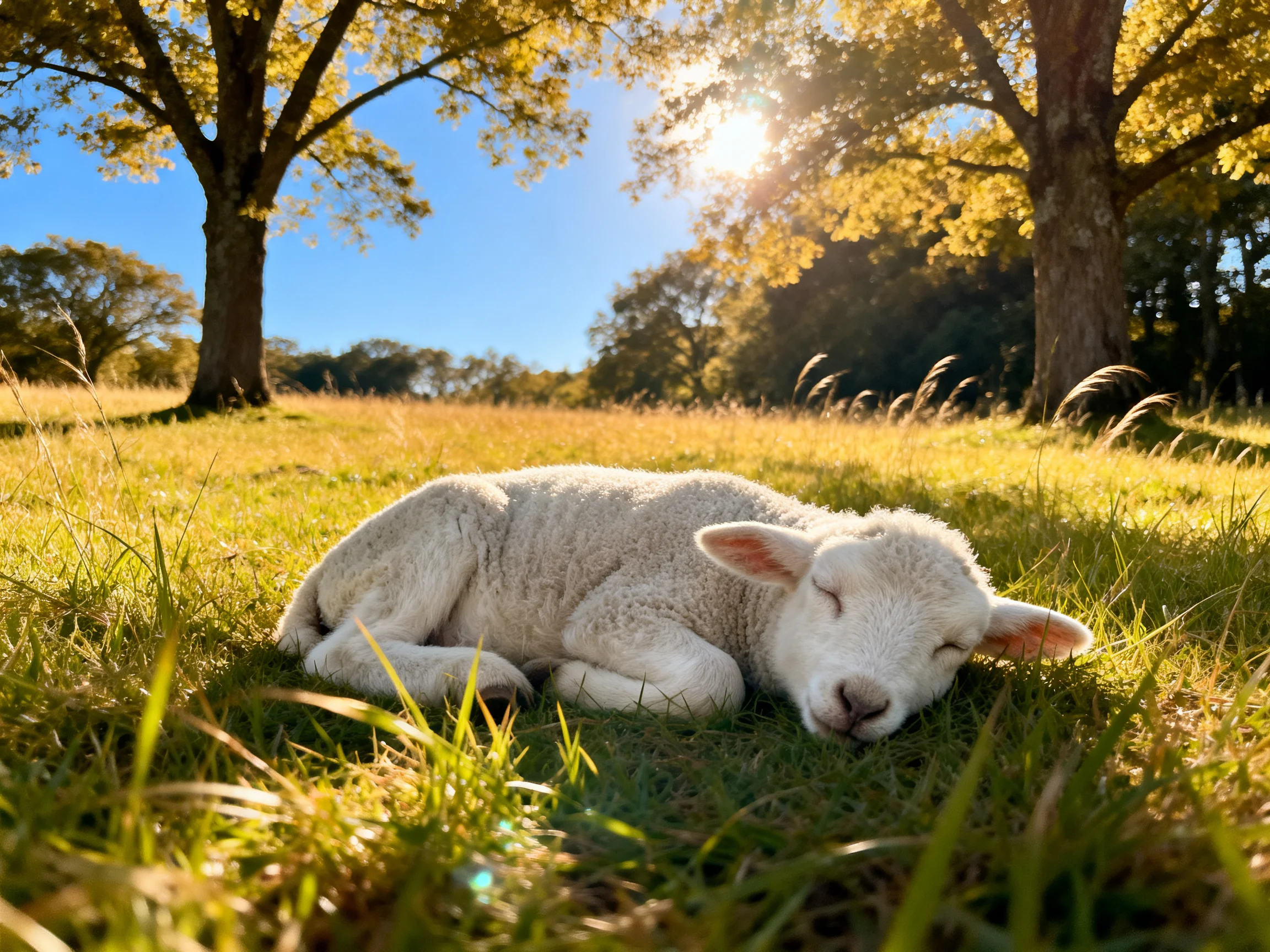 A white lamb sleeps peacefully in a sunlit meadow with golden trees