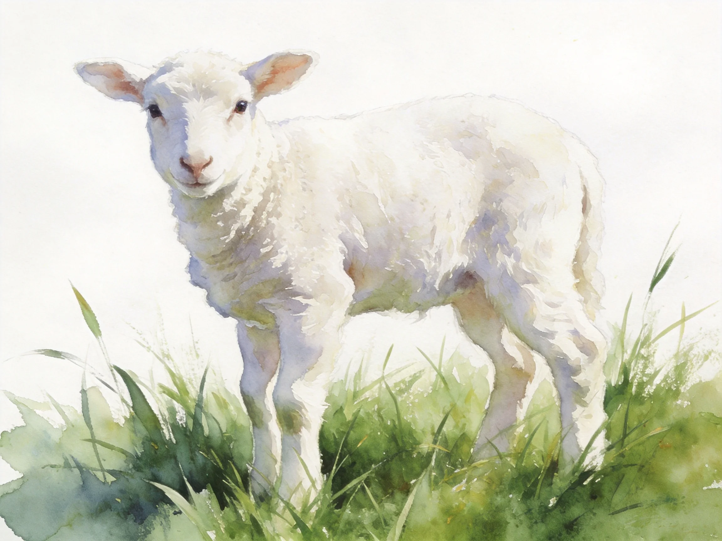 A white lamb standing on lush green grass in watercolor