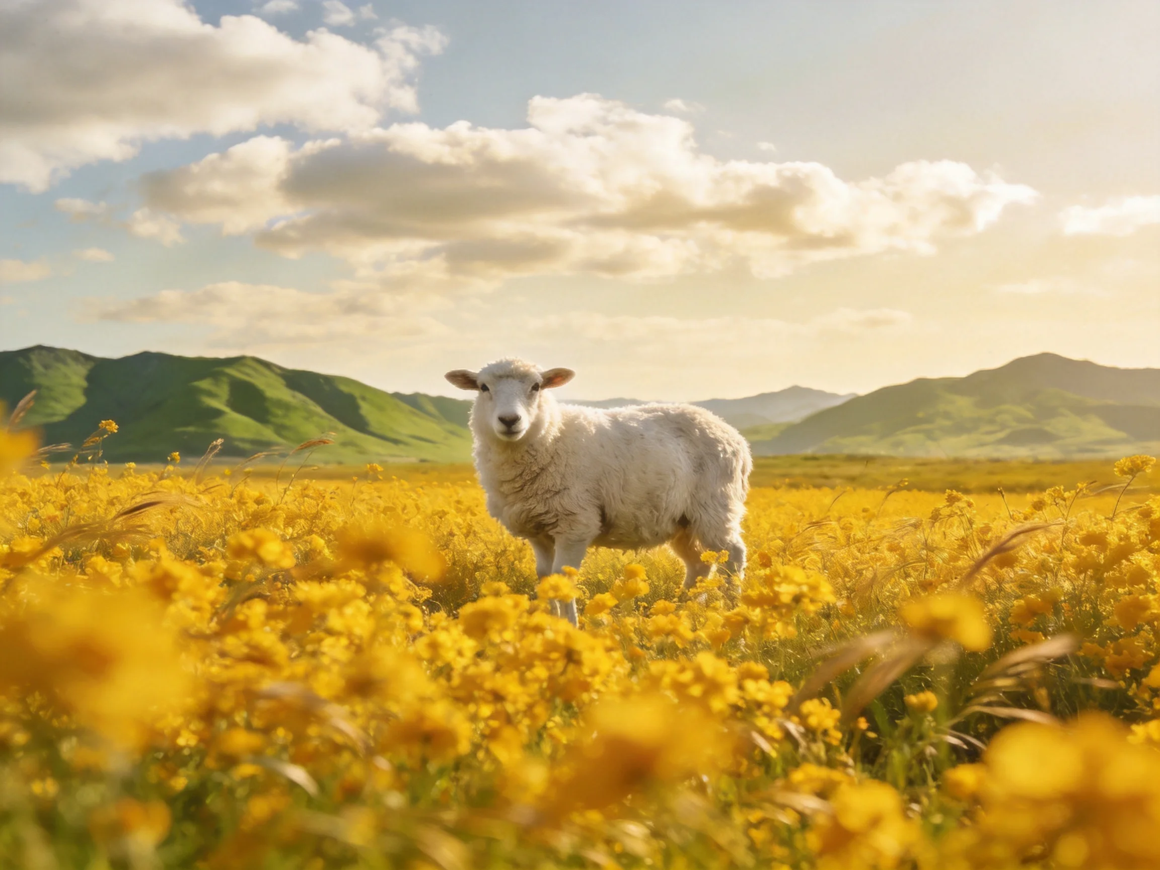 A white lamb stands amid golden wildflowers near green mountains