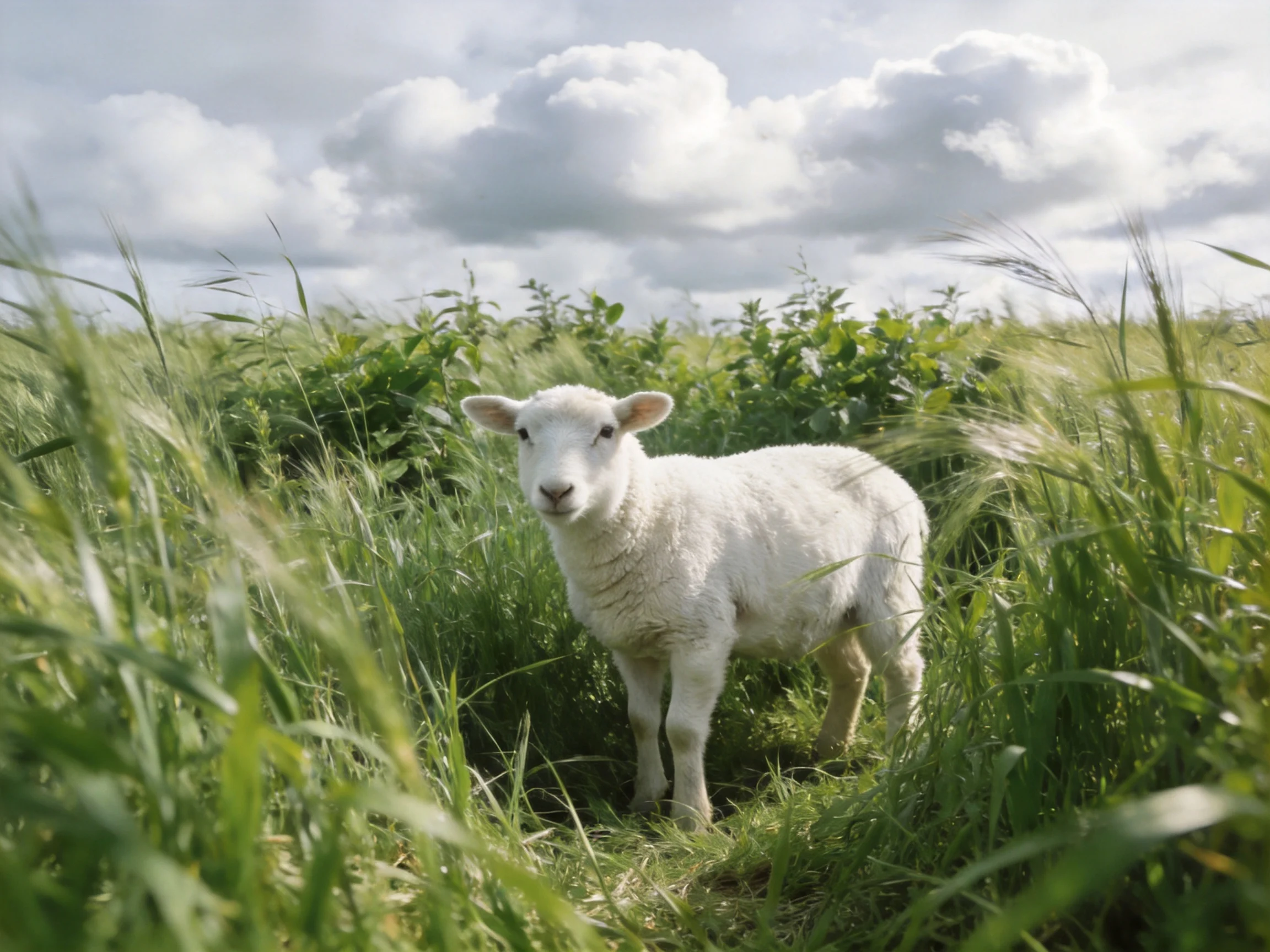 A white lamb stands amid tall green grass under a cloudy sky