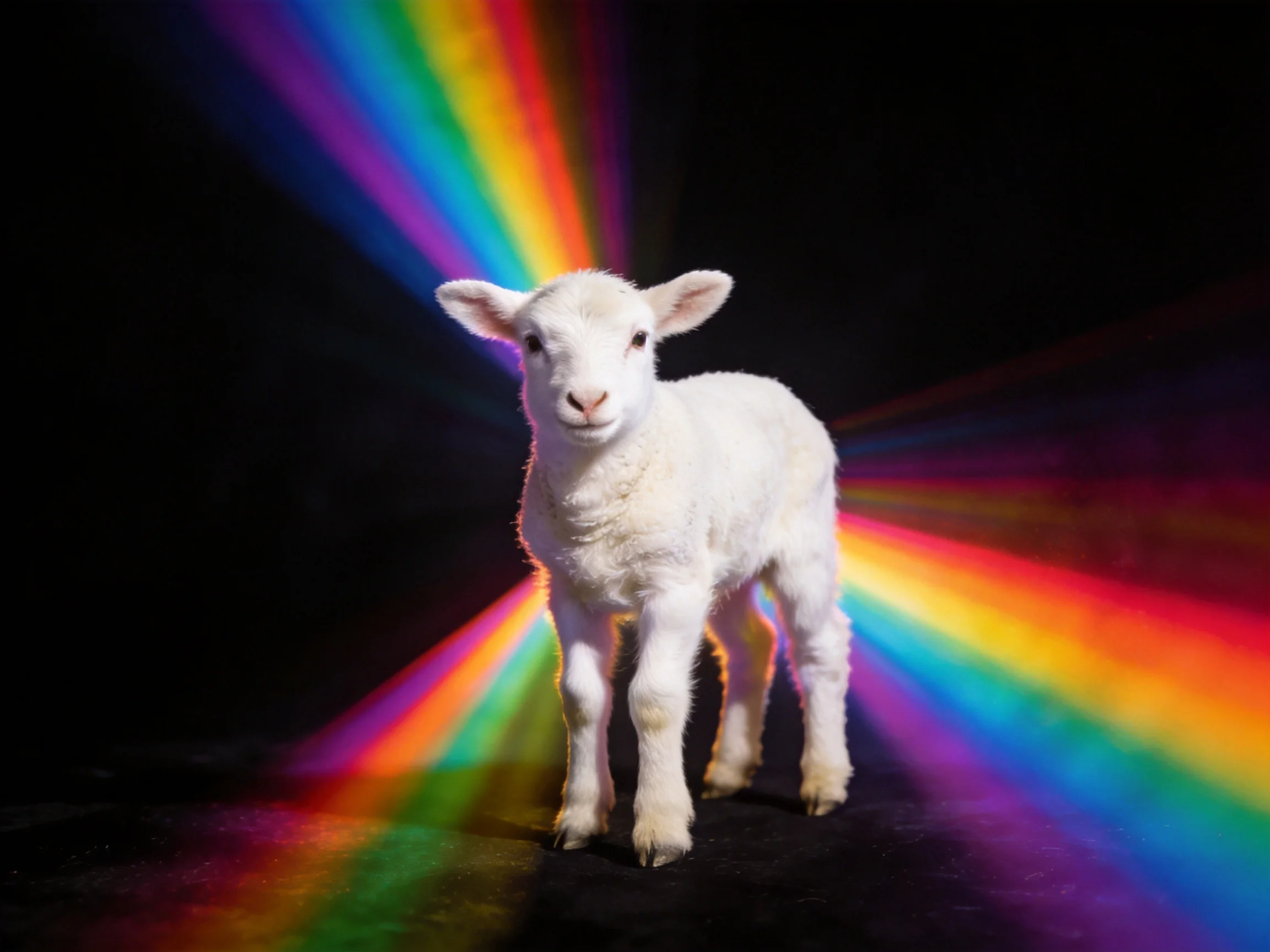 A white lamb stands amid vibrant rainbow light beams on a black backdrop
