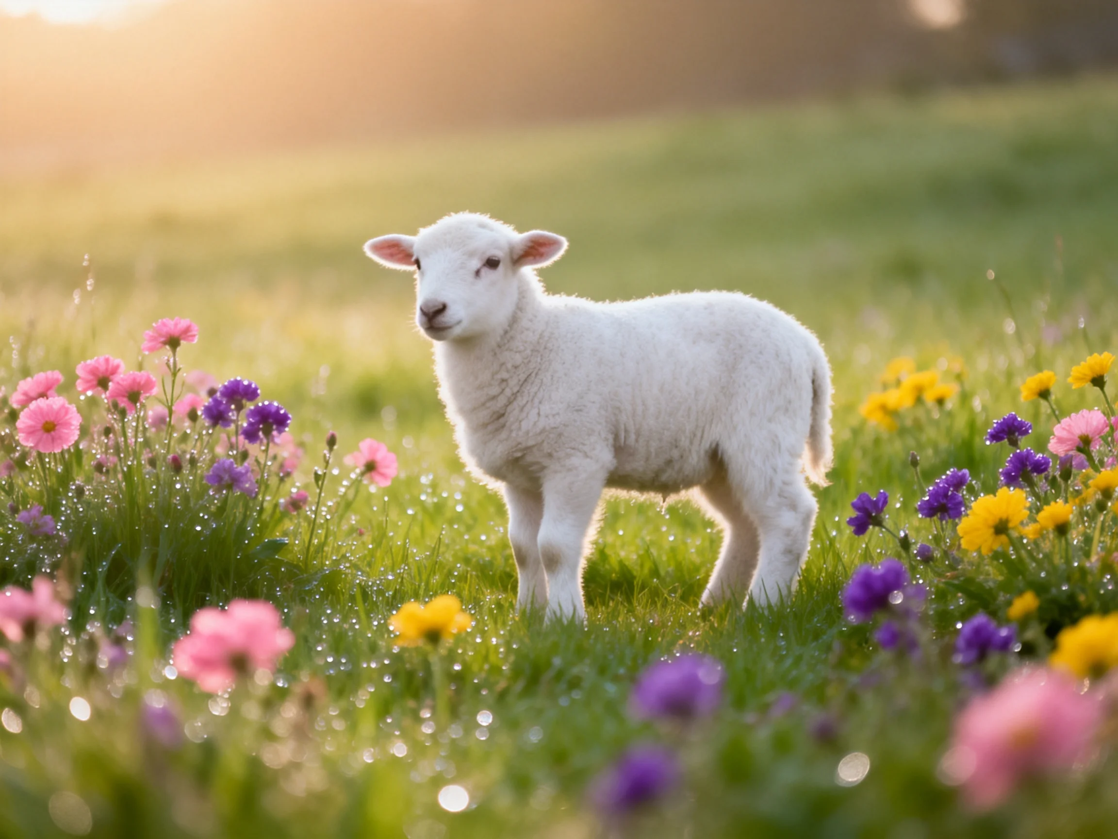 A young white lamb stands in a meadow filled with colorful wildflowers.