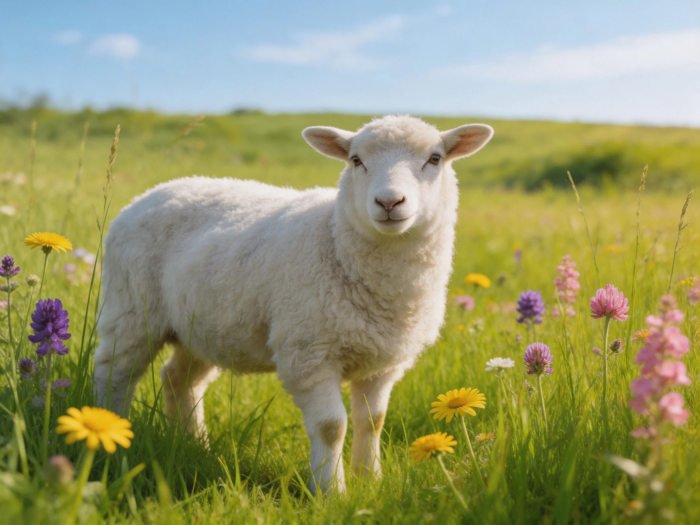 A white lamb stands among colorful wildflowers in a sunlit meadow.