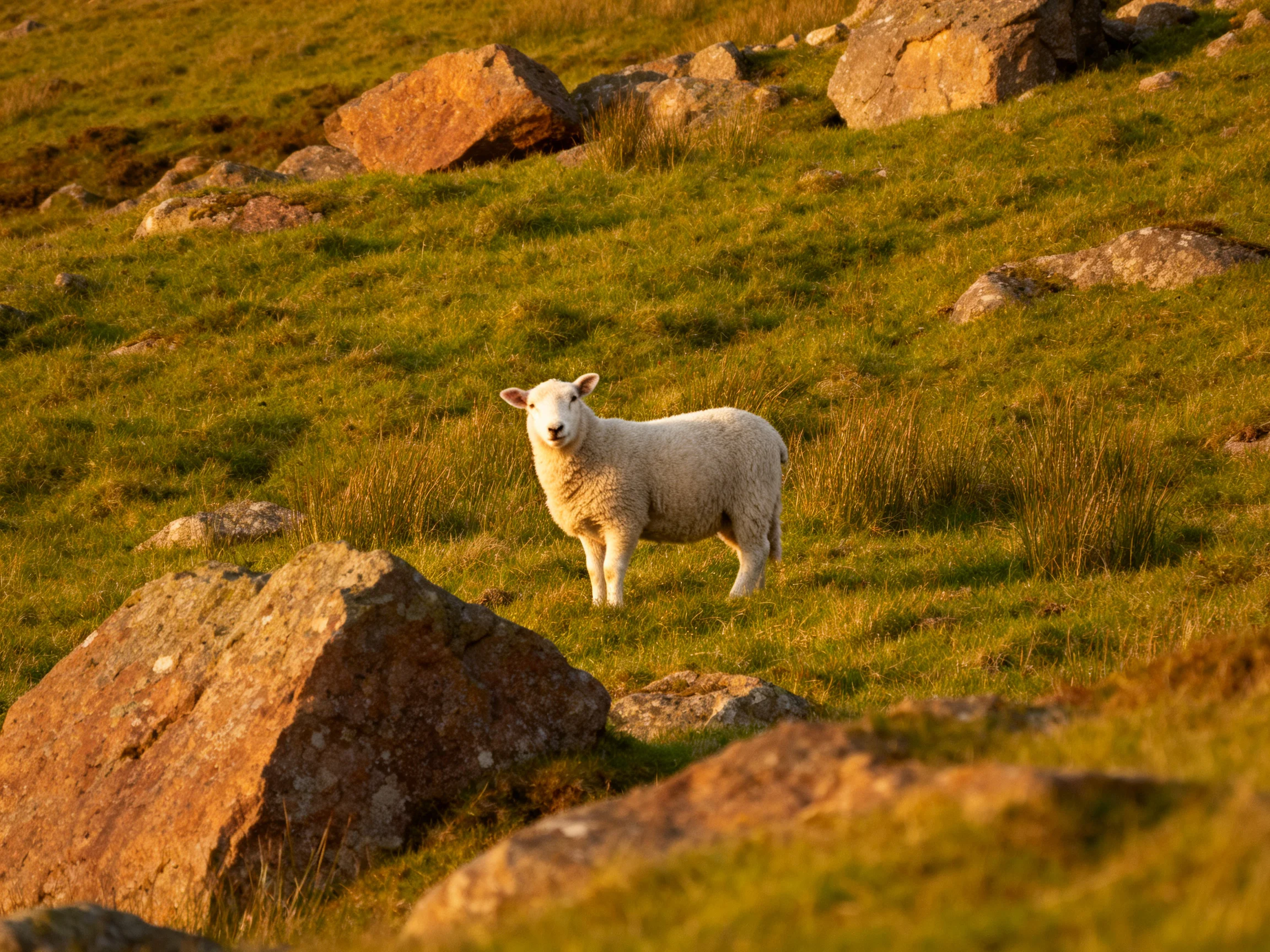 A white lamb stands among rocks in a sunlit meadow.